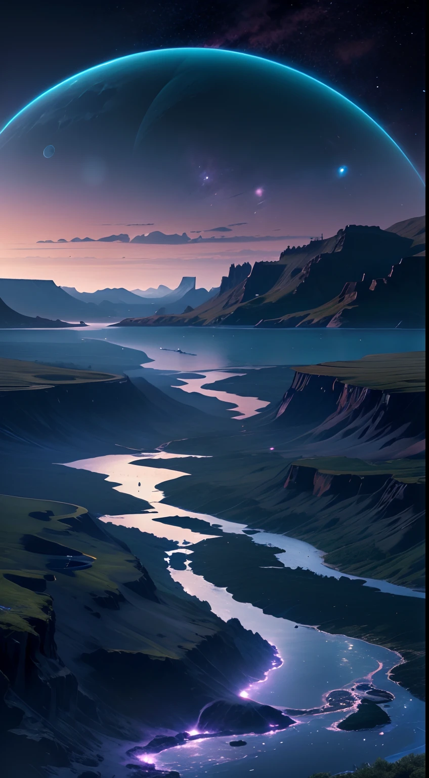 ((8k))，La mer bleue sans fond，Dark skies with distant rivers and lakeways, Paysage galactique, Epic Beautiful Space Science-Fi, An endless cosmos in the background, highly detailed digital art, Paysage spatial