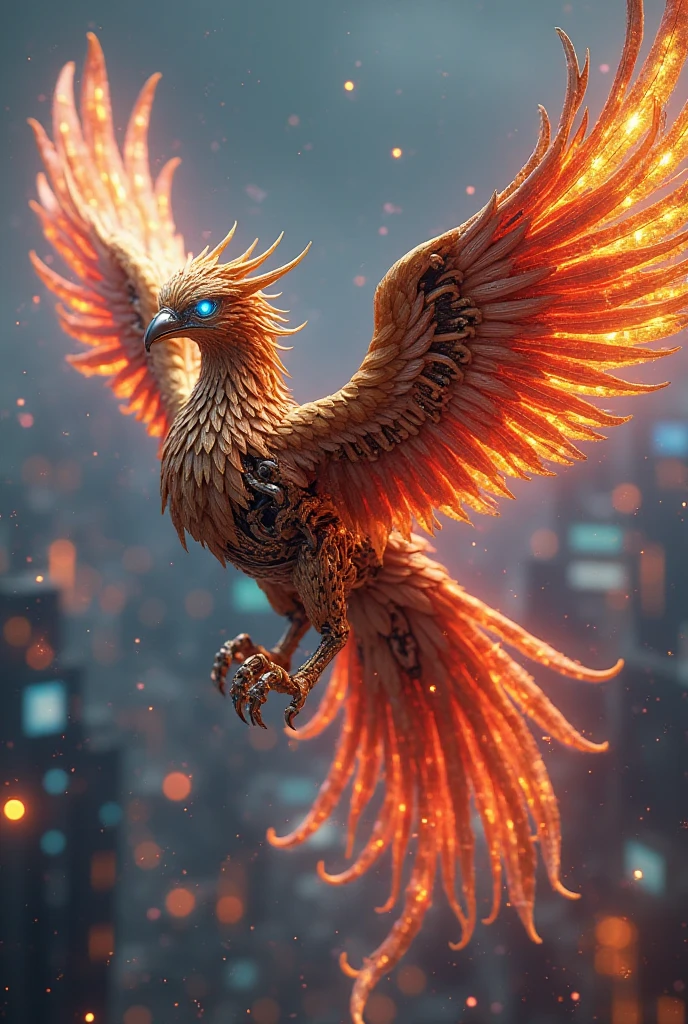 A mechanical phoenix，metallic feathers with golden red luster，flying over future cities，have gears and steam elements behind it，eyes glow sky blue，Phoenix tail extends energy beams，Golden toenails，Cyberpunk Style，3D Rendering，high resolution，4K，Super HD，neon light effect，cool and warm contrasting colors，futuristic sense of technology，City Night Background，metallic texture，dynamic flight posture，rich in details