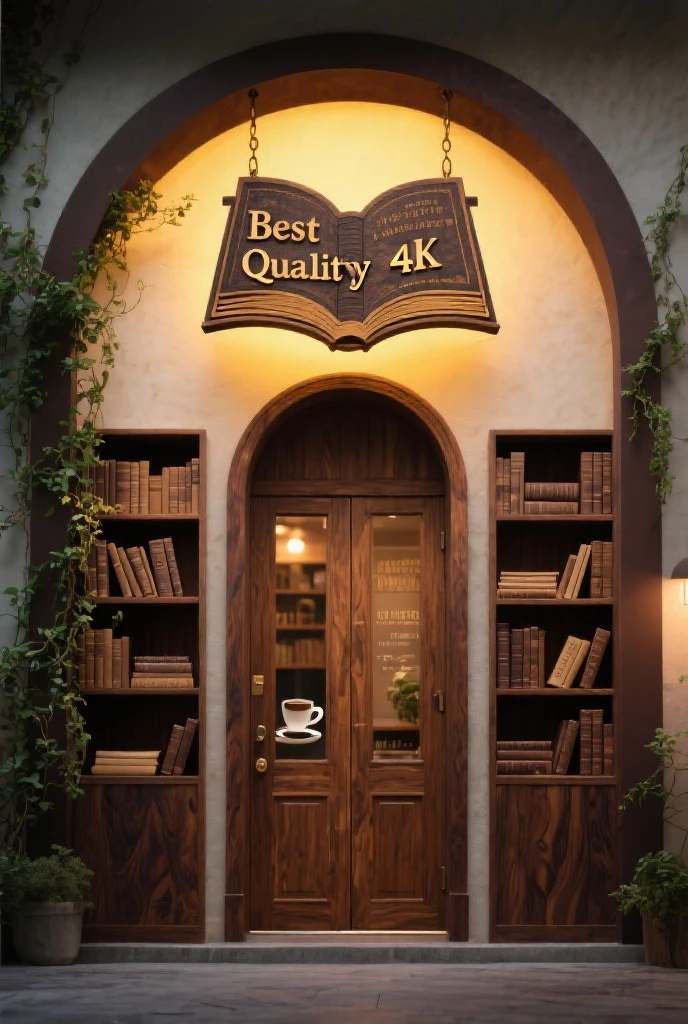 best quality,4K,surreal, minimal style,Bookstore front design,????????wooden arched door frame,Hanging a retro book sign above the door frame,Warm yellow light illuminates,Background wall mosaic bookshelf decoration,three-dimensional book relief placed inside the bookshelf,embellished with green vines on both sides of the door,dark brown wood grain material,Soft light and shadow gradation,Warm family atmosphere,with coffee fragrance elements,The colors are soft and warm,The overall design is simple without losing detail