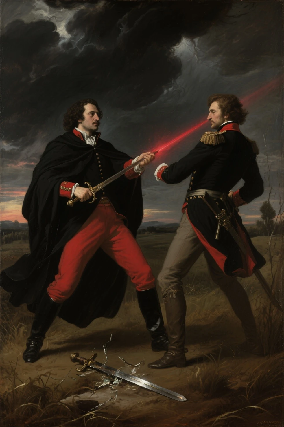 "Dark oil painting, Caravaggio style, Count of Monte Cristo dueling Fernand in a desolate field at twilight, black cloak, red military uniform, broken sword on ground, stormy sky, single ray of red light on sword, hyper-realistic, dramatic chiaroscuro, 4k resolution, cinematic lighting --v 5"