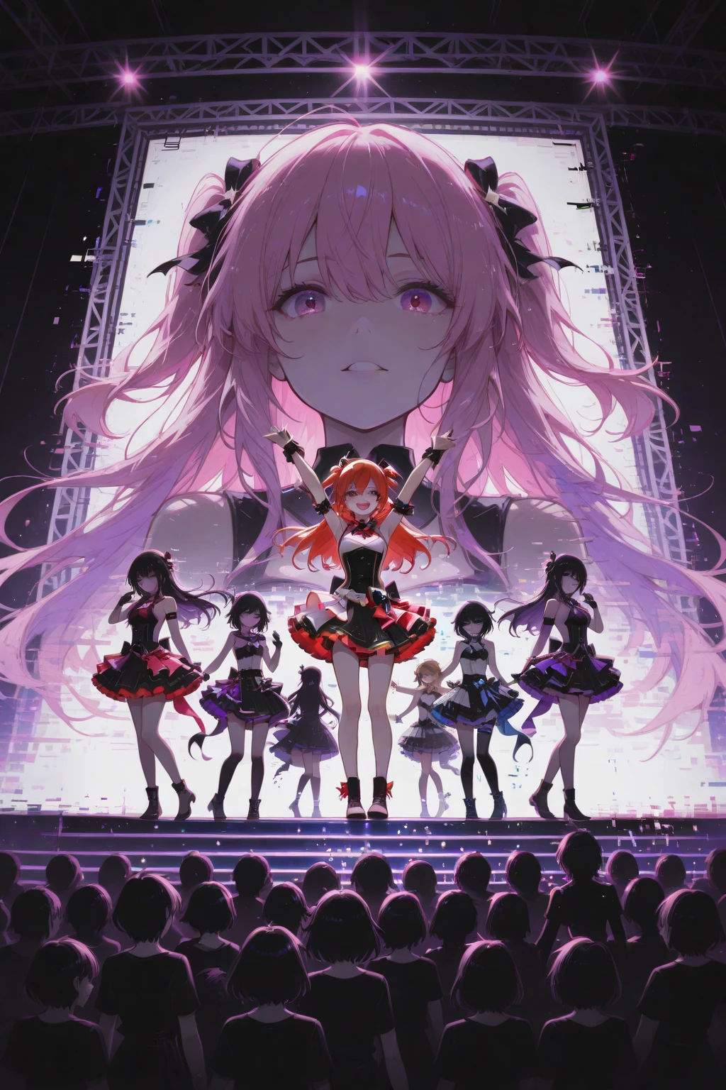 A new idol group stands on stage, but surrounded by phantom images of their own "past" hit performances and fan memories from different eras, time paradox, glitch art, surreal --ar 16:9 --style surreal