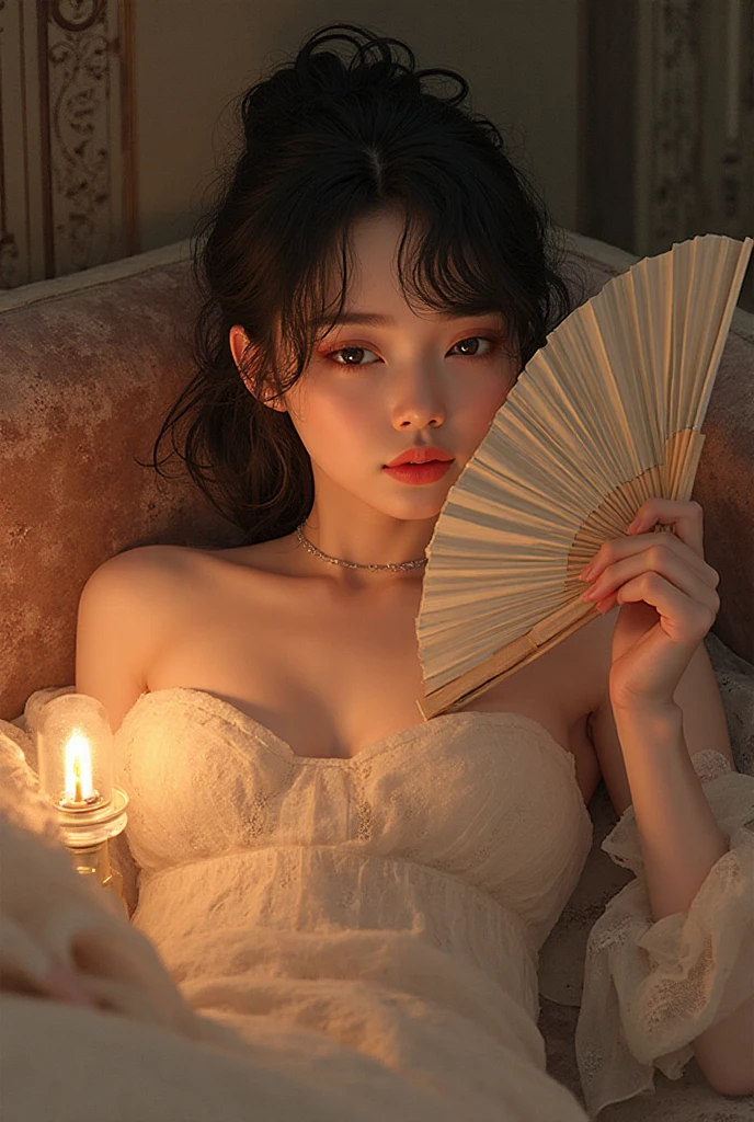 插画采用半厚涂技法，融合高级感与氛围感，以朦胧笔触勾勒出独特意境。线条清晰流畅，细腻自然，结合运营总监渲染与3D人物渲染技术，神似BJD的精致感中透着肌理写实的逼真效果，呈现极致超清的细节表现。

三维古风漫画，绝代佳人斜倚贵妃榻，她手持团扇半遮面，仅露出一双勾魂摄魄的媚眼，眼波流转间情意绵绵。室内烛光摇曳，在她身体曲线上投下动人光影，无声却充满挑衅的性感。