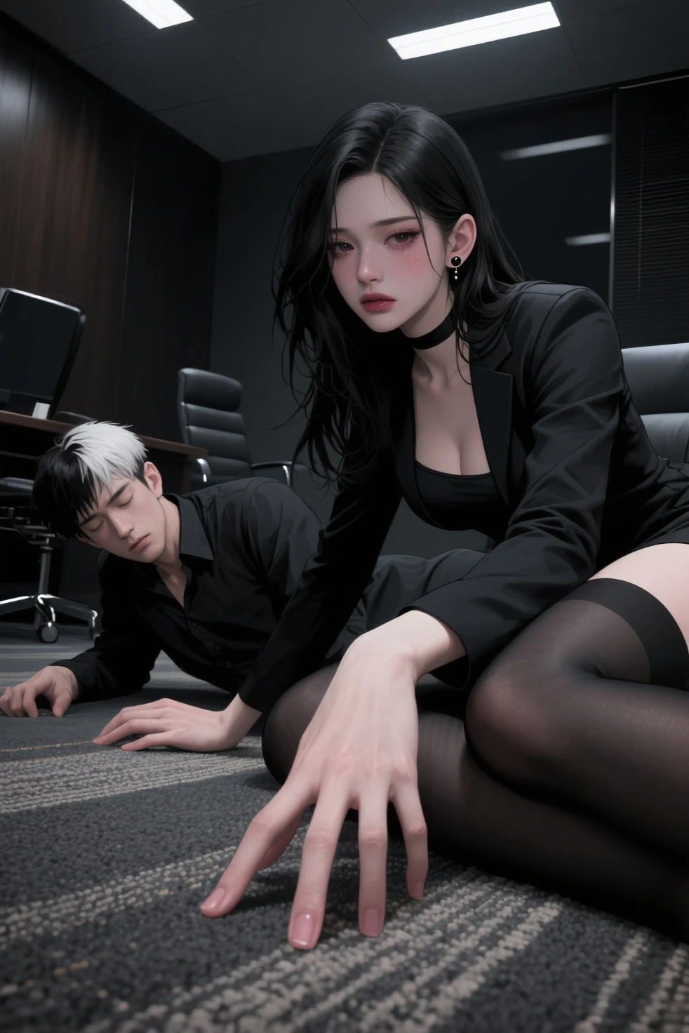 手部特写，豪华私人办公室地毯上，黑夜，光线较暗（27岁女性、禁欲、丹凤眼、薄唇、痞帅、狭长细眼、腹黑气质、忧郁眼神、高鼻梁，黑色耳钉，淡妆，冷白皮，宽肩，35D，黑色凌乱长发，黑色职业外套、黑色衬衣，黑丝，伪厚涂CG画质、高级cg插画、暗黑系、颗粒感、冷白色调、4k高清）脸蛋微红，美眸里带着些许慌乱，嘴唇微微颤抖，趴在一个男同事（闭着眼睛，23岁，黑白双色挑染短发，体型中等）的身上，男生手搭在了女生腿上，超数字漫画写实风格
