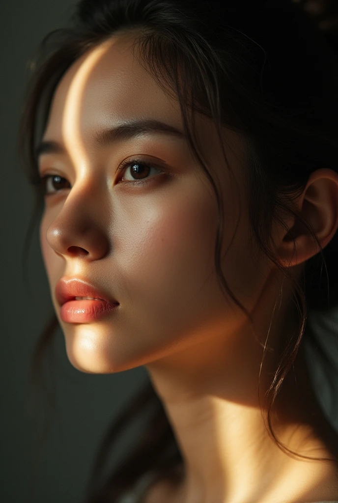 生的（特写 3:4, 超细致 8K 摄影），令人惊叹的女人侧轮廓肖像，光滑的皮肤纹理，柔和的边缘光线突显胸部线条，模糊背景，超锐利细节