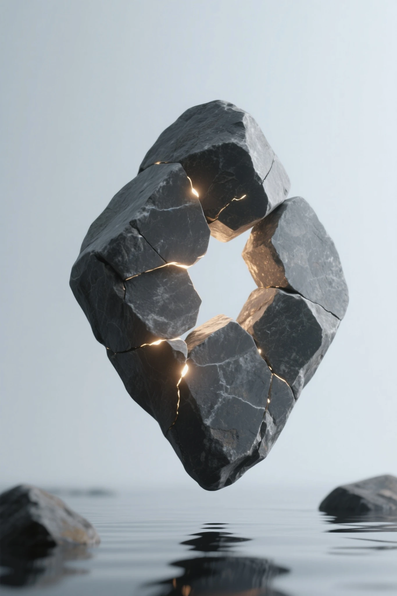 石头中间裂开不规则内发光.菱形石块带点奇形怪状，漂浮，质感，破碎感