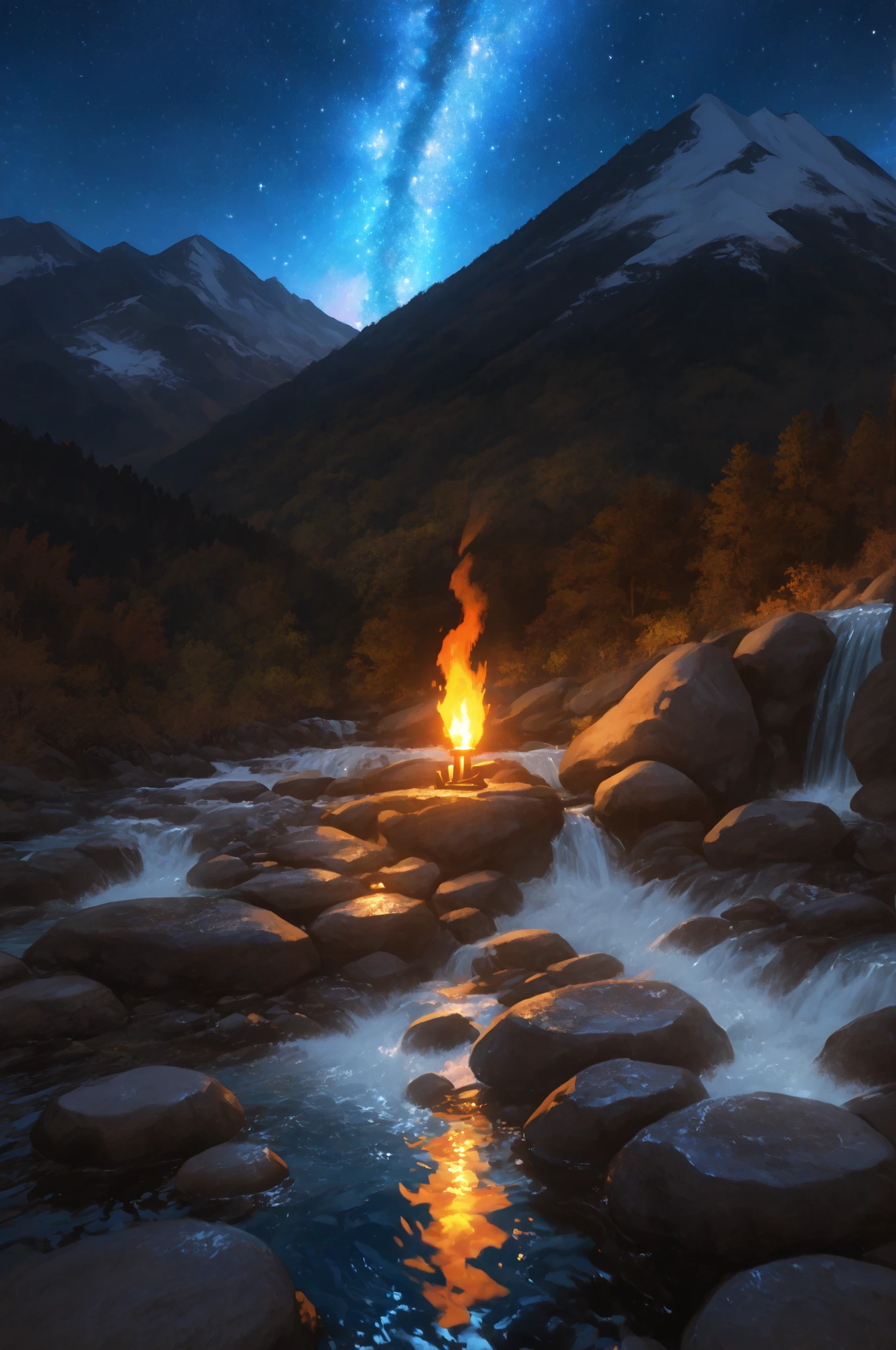 A traveler squats by a mountain stream holding a torch, clear water flowing over stones, starry sky reflected in the stream, torchlight shining on wet stones, hyper-realistic, detailed water texture, 16:9, natural lighting.