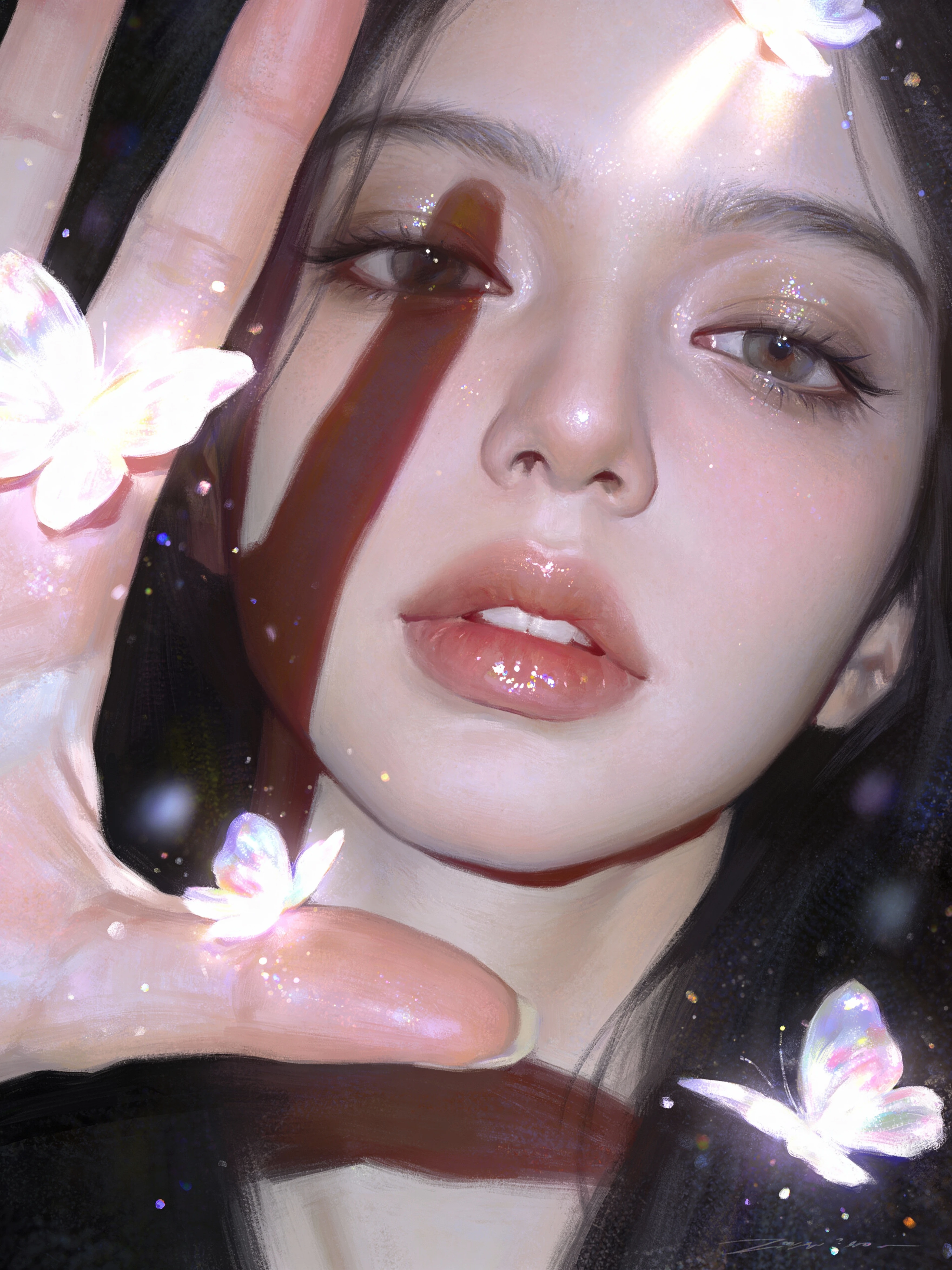 亚洲美女，绝美容颜，wlop画风，冷白皮，细腻笔触，丙烯厚涂质感，游戏cg渲染，oc渲染，BJD，半写实，细腻笔触，珠光感，，微距镜头聚焦，oc渲染，真实肌肤纹理，强光打下，面部明暗对比鲜明，阴影层次丰富。厚涂油画笔触堆砌。珠光肌质感，油润高光修长纤细手指，微距镜头，极其华面，水嘟嘟裸唇，女性动漫角色，细闪粒子，人像面部聚焦，手伸向镜头突破限制，用到大张力构图，运动模糊，朦胧感+模糊感，超强模糊质感的摄影抓拍，周边的物体全部虚化，发光+花+蝴蝶，光影层次感，电影质感，梦幻光影，肌理反光，折射光影，光影弥散，抽象表达，艺术氛围，情绪表达和叙事，艺术插画，超现实主义美学，高级的氛围感，层次感