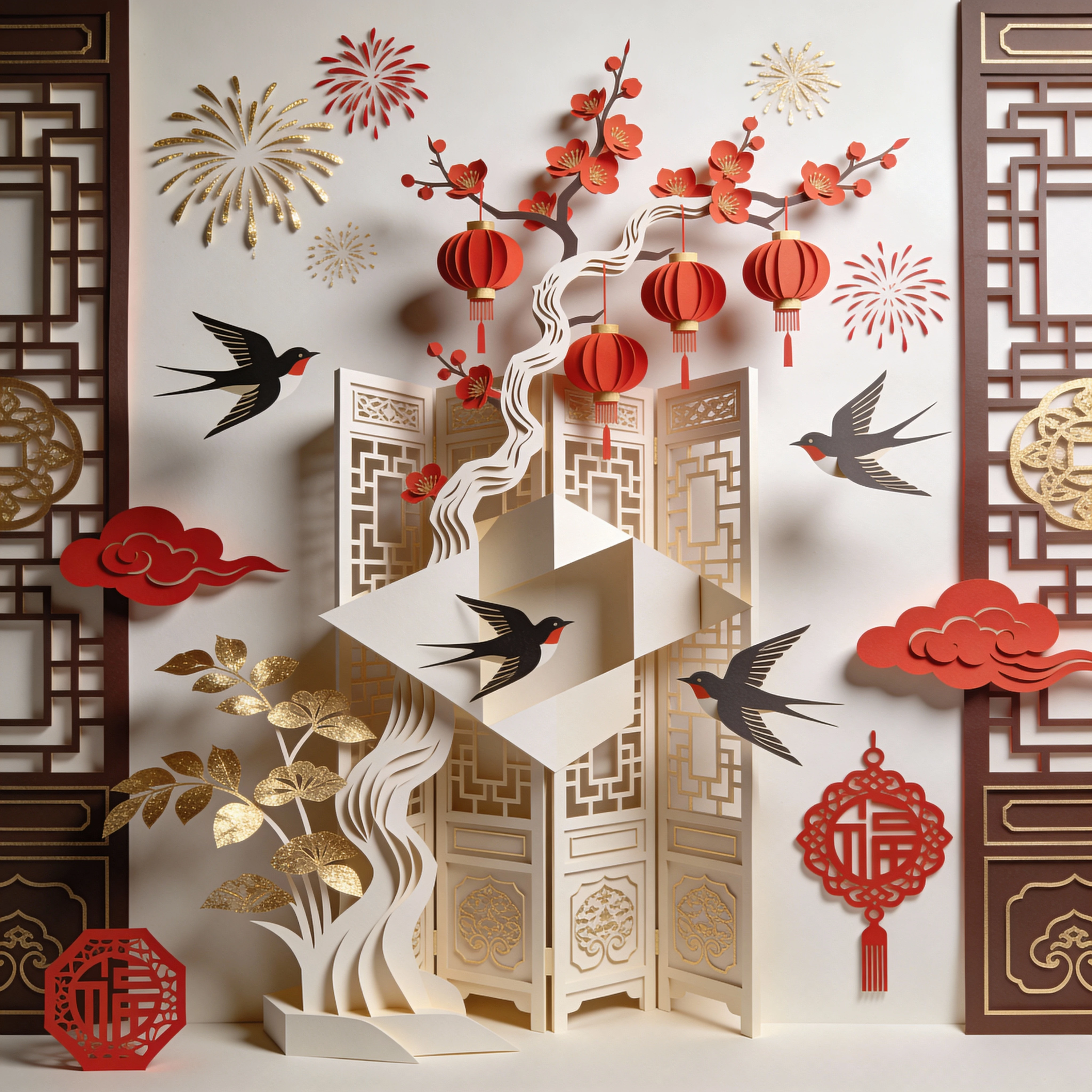 中国剪纸艺术，纸雕空间艺术。大纵深空间，清供图，几只鸟飞出，幻象元素拆分重组，抽象，植物，中式复古屏风，Giorgio de Chirico，几何形状，流动线条，大师作品，发财树挂灯笼，充满幻想力和感染力，精致的烟花、祥云和新年元素剪纸。克制细节刻画，留白艺术，融合压印、烫金印刷工艺。细腻，高清晰度，精细设计，完美构图，极致细腻的图案。突出纸雕艺术的空间感，层次感。整个画面只有金色红色，无其他颜色。