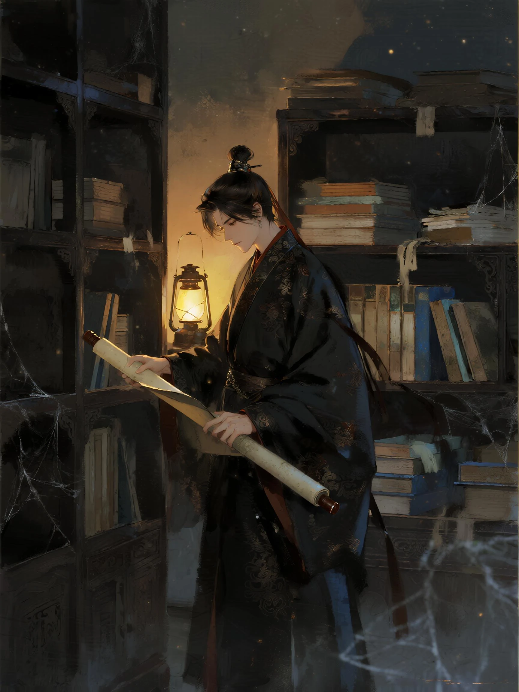 油画插画国风风格结合，CG厚涂水粉技法，氛围感和层次感，故事感，低饱和，大面积留白。真实感，神秘感，背景为落满灰尘和蛛网的乌木雕花书架，书架上的书和卷轴凌乱地堆放，中国古代深色暗纹汉服帅气术士手拿一卷轴站在书架前低头看着，整体色系暗沉，侧面视角，远景，夜晚，煤油灯光线，动作符合场景