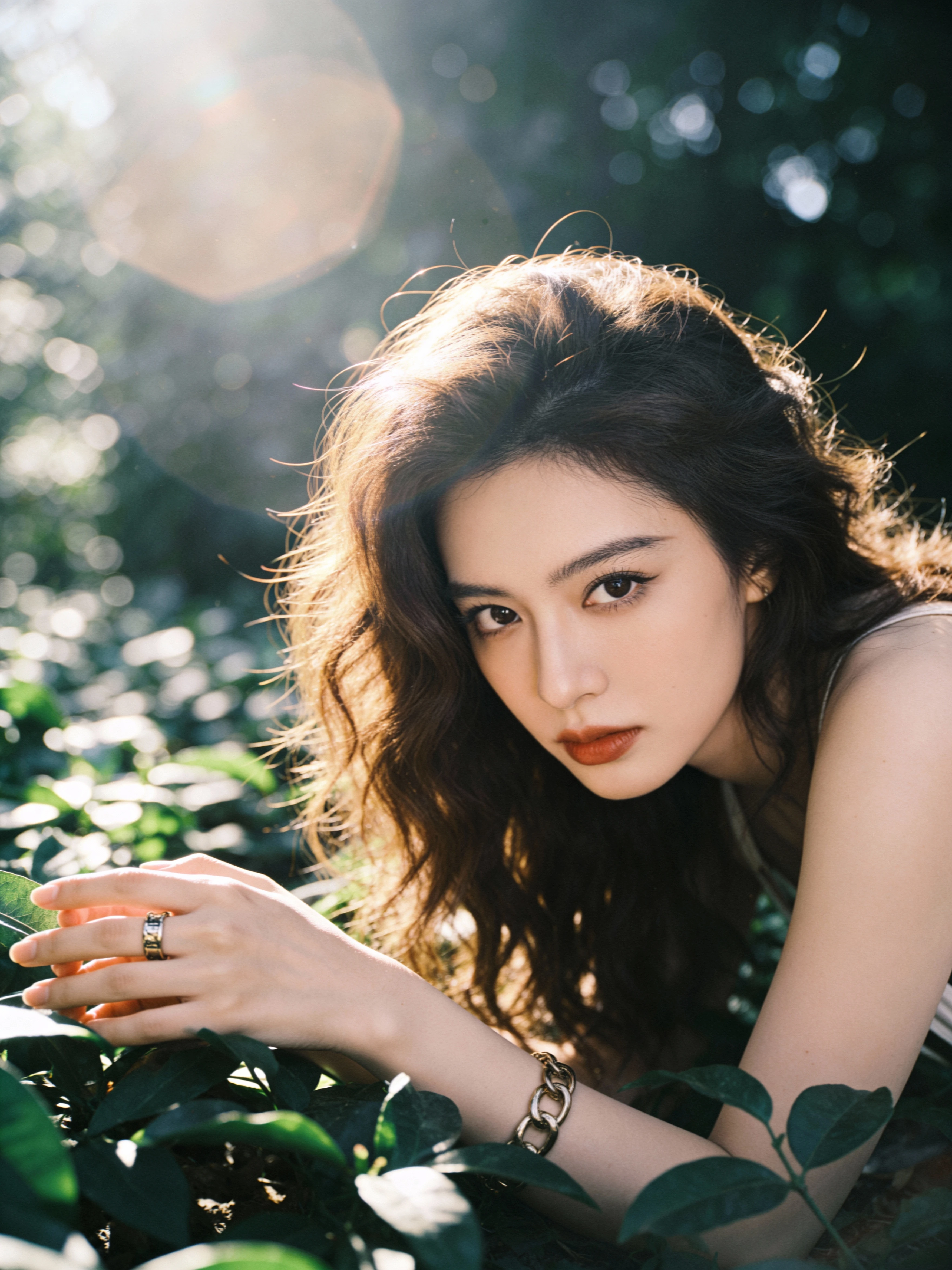 繁茂绿植丛，背景是斑驳光影的户外自然场景，营造森系氛围感。东亚美少女，棕色长发羊毛卷，美艳动人。造型极具时尚感，佩戴金属风手链与戒指，身着简约服饰，风格冷艳且具杂志大片感 细节丰富，强烈的视觉冲击力色调。朦胧美学，层次感，故事感 逆光 发丝光 人物近距离面部特写 真人皮肤质感 大师摄影 大师摄影杰作 大师构图 氛围感 胶片颗粒质感，层次丰富，写意，朦胧美学，光的美学，lomo效果，高级感，杰作 场景抓拍，独特的拍摄角度，非对称，动态模糊，低光环境，光影美学，自然色彩，丰富层次感，细腻画质，真实，意境互动感 真人皮肤质感 胶片摄影 暖色调 富士相机 颗粒感 故事感 大师摄影 杰作 。