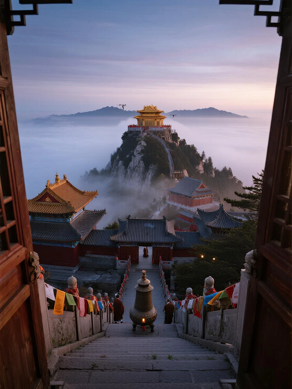 主体：老君山 ;视角镜头: 多视角含仰,平,俯视等; 景别镜头以: 大远景, 远景, 中景, 近景, 特写; 以建筑或饰品,物品,人物等为视觉中心;
主色调为室外偏冷调自然光带暖色点缀, 室内温暖柔和带光影明暗点缀  ,搭配  ,形成电影静帧感氛围, DJI拍摄画面; 4:3, 4K