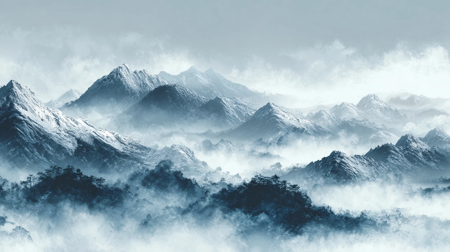 Cinematic wide shot, vast Chinese mountains covered in heavy white snow, misty clouds, traditional Chinese ink wash painting aesthetic mixed with realism, minimalist style, monochrome with cold blue tones, 8k resolution, highly detailed. --ar 16:9