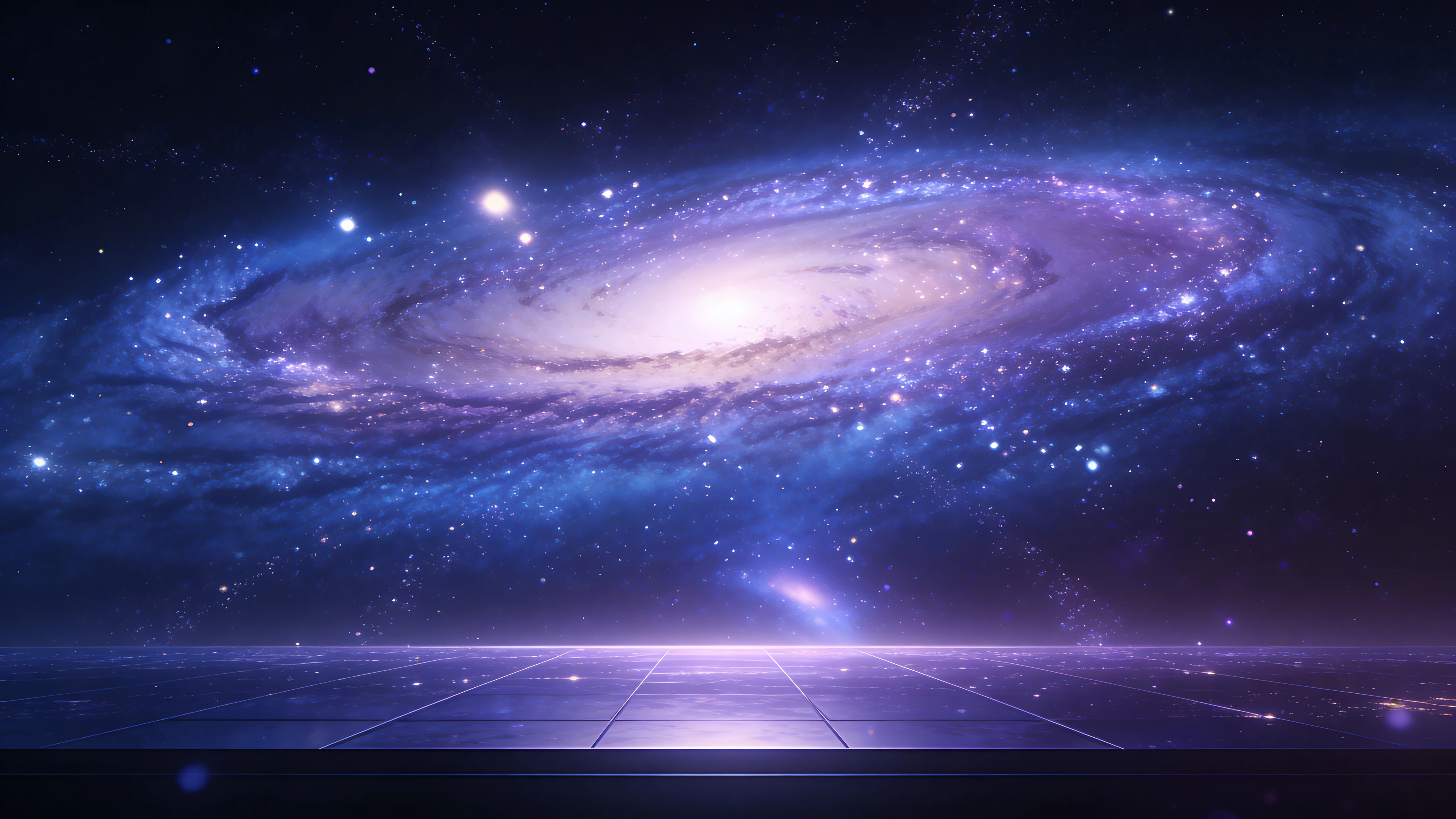 4K 电影级，深邃夜空，银河星云缓慢流动，星光粒子轻柔飘散，蓝紫渐变色调，柔和光影，极简唯美，横屏 LED 舞台背景，无文字，高级艺术感