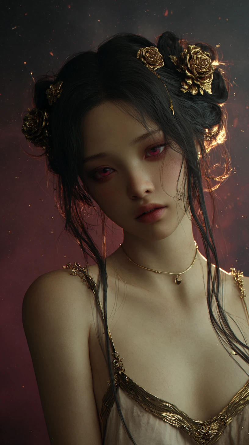 A young East Asian woman with fair skin, dark, long, slightly tousled hair adorned with ornate golden rose-like hairpieces, possesses striking crimson eyes with a subtle red glow, and delicate features. She wears a strapless garment with thin golden straps that appear to be adorned with small, thorny vine motifs, hinting at an ethereal or mythological aesthetic. A thin golden necklace with a delicate charm rests on her bare shoulder. Her pose is a gentle, downward gaze, with a melancholic yet alluring expression. The background is a deep, smoky gradient of dark purples and muted reds, with subtle, scattered points of light resembling dust motes or embers. The lighting is soft and dramatic, with a warm glow emanating from the right side, highlighting her face and hair, creating a sense of intimacy and mystery. The overall mood is enchanting and somewhat somber, with a touch of fantasy and gothic allure. Rendered with hyperrealistic detail, soft focus, cinematic lighting, and a shallow depth of field. 
