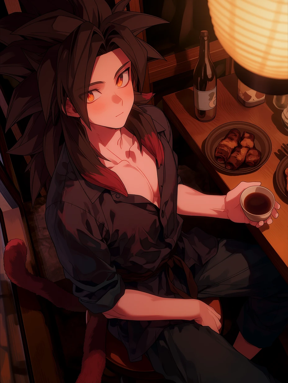 Super Saiyan 4 Goku from Dragon Ball GT, adult male build,  a man with long black hair tied loosely behind, golden yellow eyes, red markings around the eyes, brown Saiyan tail curled beside the seat, sitting at a small wooden table in an izakaya, wearing a black linen shirt with the collar open, reddish-crimson fur visible at the neckline and rolled sleeves, dark loose trousers, ceramic cup in hand, grilled skewers and a glass bottle on the table, warm paper lantern light, shot slightly from above, best quality, best details, 8k, cel-shading, toon shading, Hyper-realistic, ray tracing, ultra-detailed textures and unreal engine 5 rendering --ar 3:4 --raw --profile 397ivfn --stylize 50 --niji 7