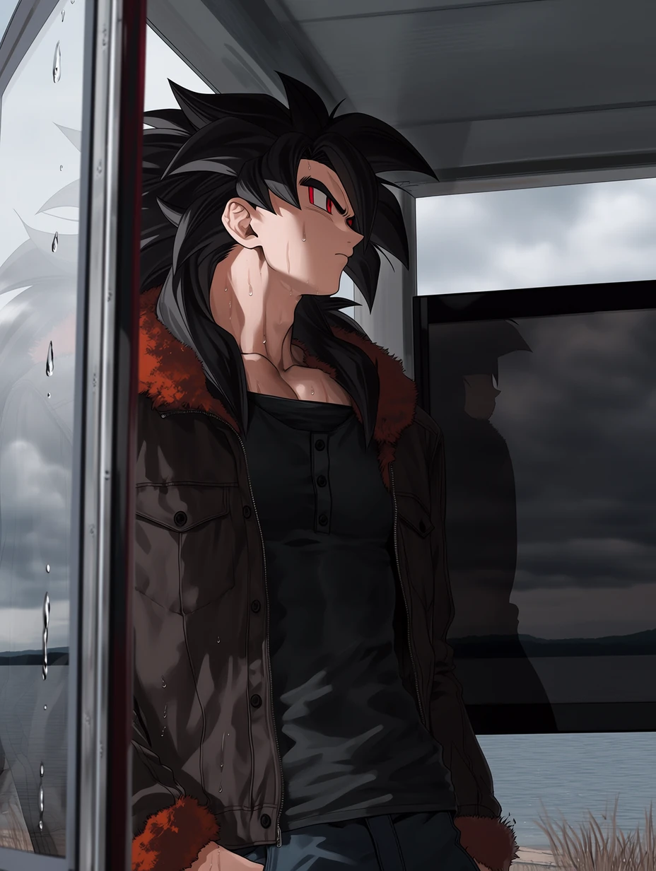 Super Saiyan 4 Goku from Dragon Ball GT, adult male build, a man with long wild black spiky hair slightly damp, yellow irises, red markings around the eyes, while keeping Goku’s facial structure, standing at a quiet bus stop after rain, wearing a dark brown jacket over a black henley shirt, reddish-crimson fur visible at the collar opening and sleeves, water drops on the glass panel beside him, one hand in pocket, gray cloudy sky reflection on wet ground, half-body shot, soft overcast light, best quality, best details, 8k, cel-shading, toon shading, Hyper-realistic, ray tracing, ultra-detailed textures and unreal engine 5 rendering --ar 3:4 --raw --profile 397ivfn --stylize 50 --niji 7