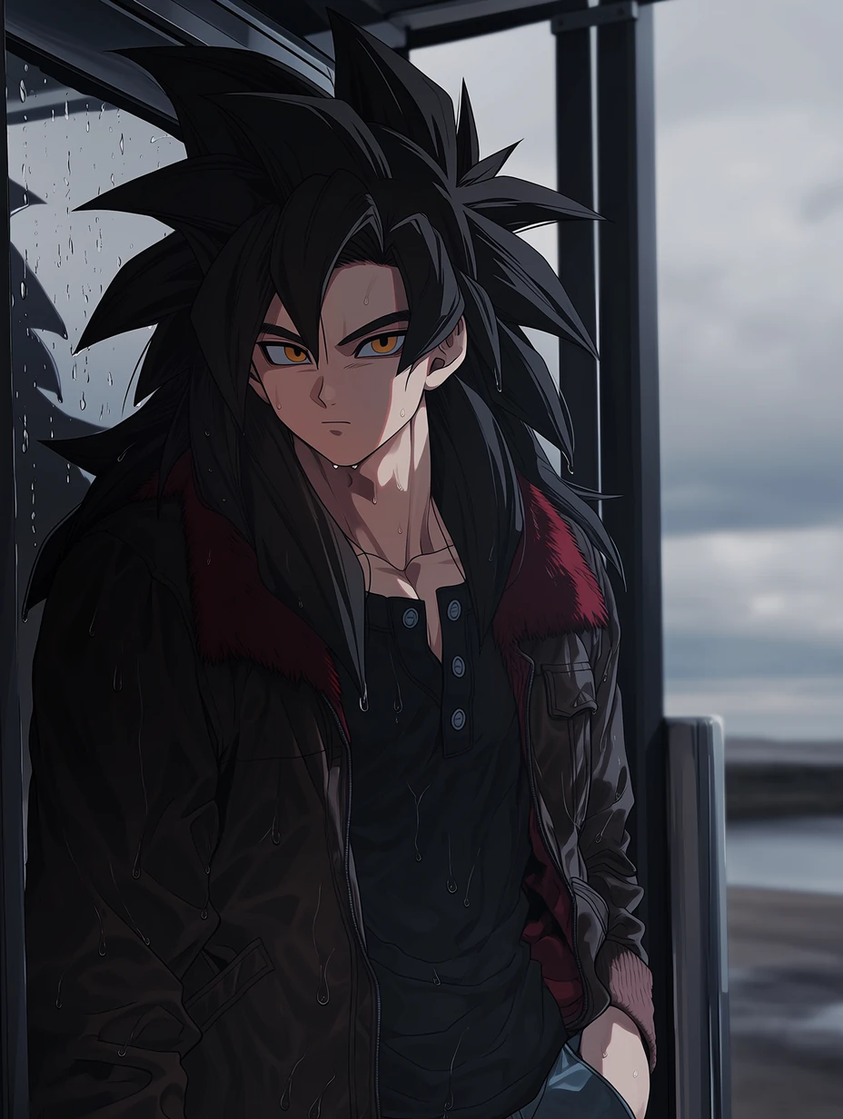 Super Saiyan 4 Goku from Dragon Ball GT, adult male build, a man with long wild black spiky hair slightly damp, yellow irises, red markings around the eyes, while keeping Goku’s facial structure, standing at a quiet bus stop after rain, wearing a dark brown jacket over a black henley shirt, reddish-crimson fur visible at the collar opening and sleeves, water drops on the glass panel beside him, one hand in pocket, gray cloudy sky reflection on wet ground, half-body shot, soft overcast light, best quality, best details, 8k, cel-shading, toon shading, Hyper-realistic, ray tracing, ultra-detailed textures and unreal engine 5 rendering --ar 3:4 --raw --profile 397ivfn --stylize 50 --niji 7