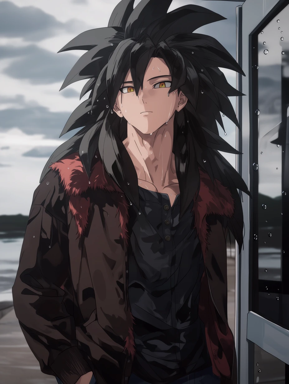 Super Saiyan 4 Goku from Dragon Ball GT, adult male build, a man with long wild black spiky hair slightly damp, yellow irises, red markings around the eyes, while keeping Goku’s facial structure, standing at a quiet bus stop after rain, wearing a dark brown jacket over a black henley shirt, reddish-crimson fur visible at the collar opening and sleeves, water drops on the glass panel beside him, one hand in pocket, gray cloudy sky reflection on wet ground, half-body shot, soft overcast light, best quality, best details, 8k, cel-shading, toon shading, Hyper-realistic, ray tracing, ultra-detailed textures and unreal engine 5 rendering --ar 3:4 --raw --profile 397ivfn --stylize 50 --niji 7