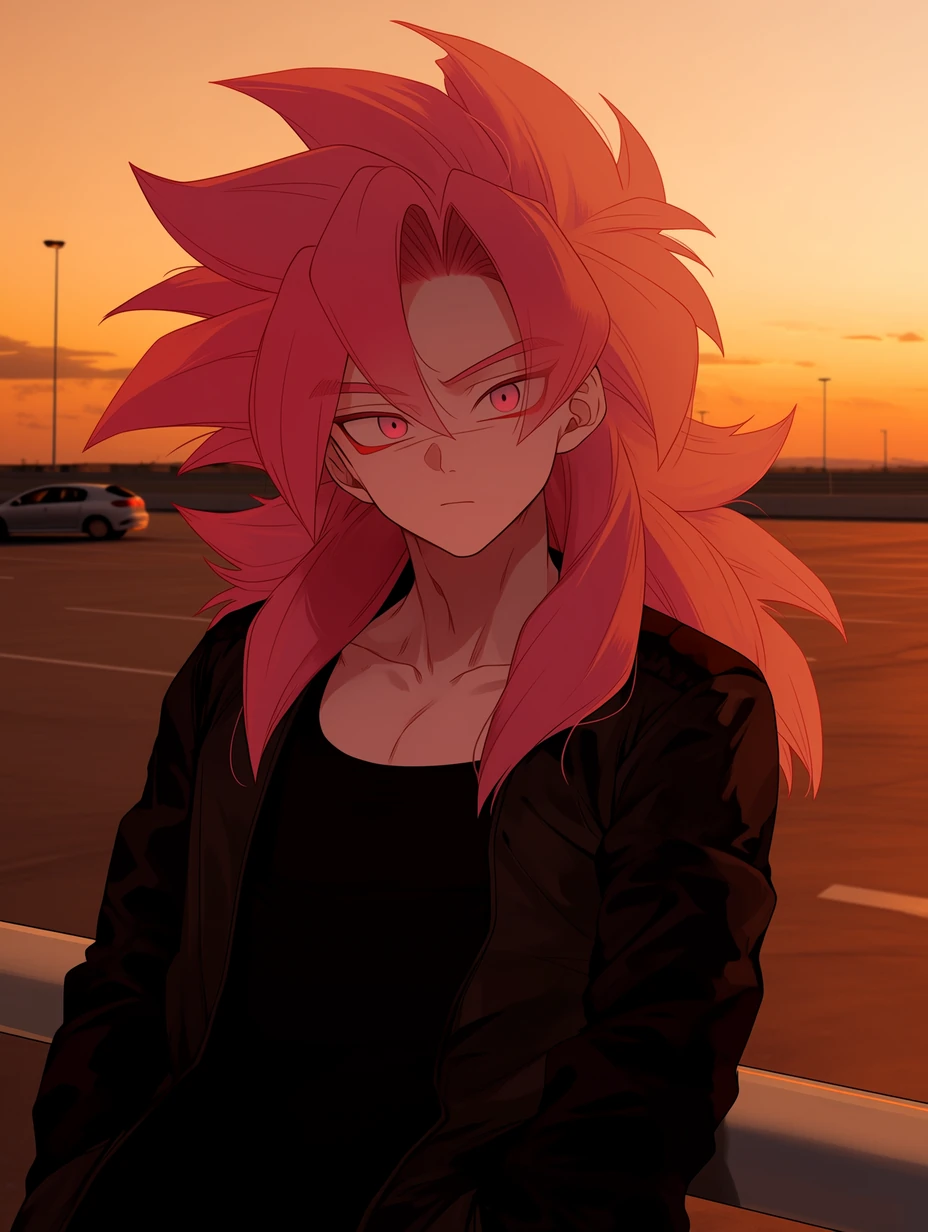 Super Saiyan 4 God Goku from Dragon Ball GT, adult male build, a man with long wild rose-red hair spiky hair, rose-red irises and red eyeliner-like markings around the eyes, rose-red eyebrows, while keeping Goku’s facial structure, leaning against a parking lot railing at sunset, wearing a black bomber jacket over a black tank top, reddish-crimson fur visible at the neck and upper arms, chin slightly raised, orange sky and one distant parked car in the background, chest-up shot, backlit, 35mm lens, best quality, best details, 8k, cel-shading, toon shading, Hyper-realistic, ray tracing, ultra-detailed textures and unreal engine 5 rendering --ar 3:4 --raw --profile 397ivfn --stylize 50 --niji 7