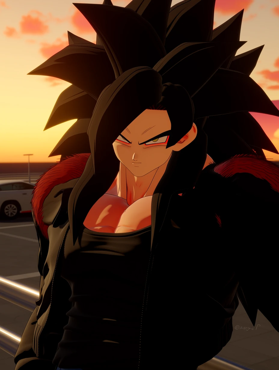 Super Saiyan 4 Goku from Dragon Ball GT, adult male build, with long wild black spiky hair spreading backward and outward in large sharp sections; yellow irises and red eyeliner-like markings around the eyes, while keeping Goku’s facial structure, leaning against a parking lot railing at sunset, wearing a black bomber jacket over a black tank top, reddish-crimson fur visible at the neck and upper arms, chin slightly raised, orange sky and one distant parked car in the background, chest-up shot, backlit, 35mm lens, best quality, best details, 8k, cel-shading, toon shading, Hyper-realistic, ray tracing, ultra-detailed textures and unreal engine 5 rendering --ar 3:4 --raw --profile 397ivfn --stylize 50 --niji 7