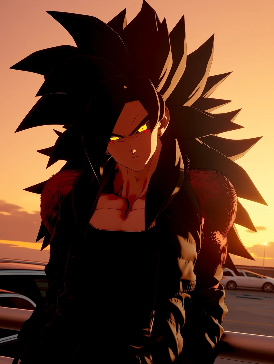 Super Saiyan 4 Goku from Dragon Ball GT, adult male build, with long wild black spiky hair spreading backward and outward in large sharp sections; yellow irises and red eyeliner-like markings around the eyes, while keeping Goku’s facial structure, leaning against a parking lot railing at sunset, wearing a black bomber jacket over a black tank top, reddish-crimson fur visible at the neck and upper arms, chin slightly raised, orange sky and one distant parked car in the background, chest-up shot, backlit, 35mm lens, best quality, best details, 8k, cel-shading, toon shading, Hyper-realistic, ray tracing, ultra-detailed textures and unreal engine 5 rendering --ar 3:4 --raw --profile 397ivfn --stylize 50 --niji 7