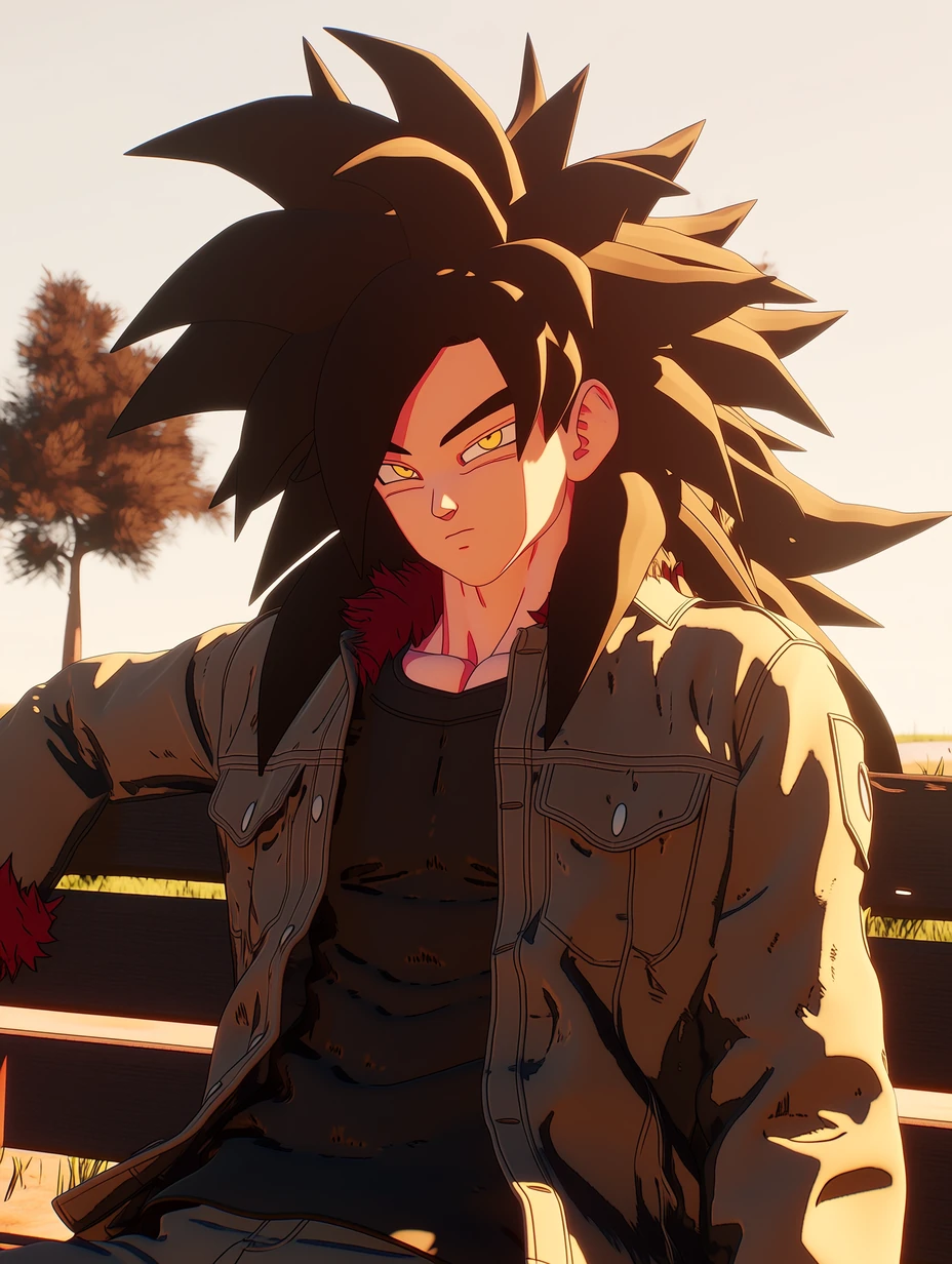 Super Saiyan 4 Goku from Dragon Ball GT, adult male build, with long wild black spiky hair spreading backward and outward in large sharp sections; yellow irises and red eyeliner-like markings around the eyes, while keeping Goku’s facial structure, sitting on a park bench in the late afternoon, wearing a dark beige work jacket over a washed black T-shirt, reddish-crimson fur visible at the neckline and cuffs, one arm stretched along the back of the bench, small patch of grass and a single tree behind him, warm side light, half-body shot, clean background, best quality, best details, 8k, cel-shading, toon shading, Hyper-realistic, ray tracing, ultra-detailed textures and unreal engine 5 rendering --ar 3:4 --raw --profile 397ivfn --stylize 50 --niji 7
