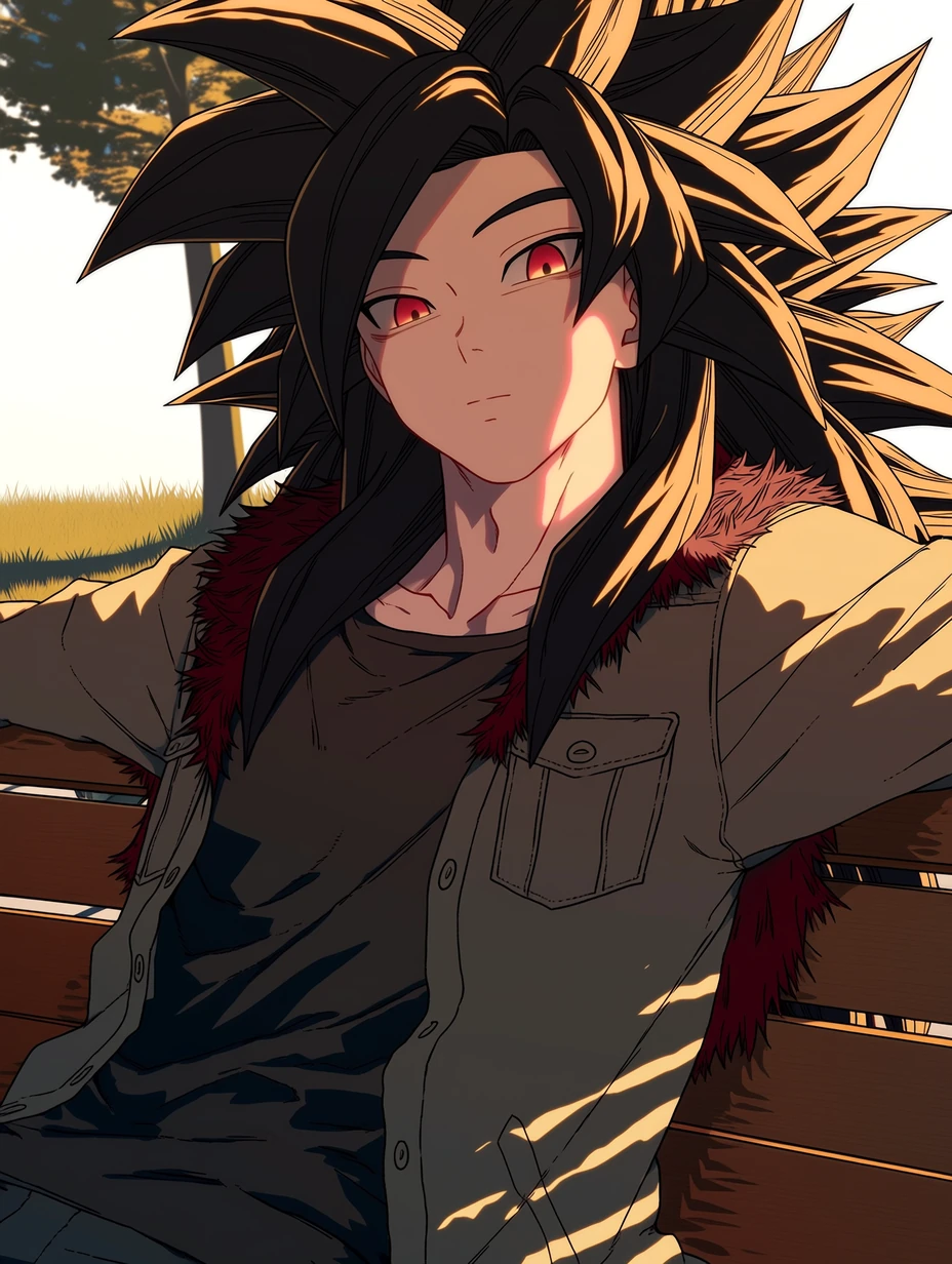 Super Saiyan 4 Goku from Dragon Ball GT, adult male build, with long wild black spiky hair spreading backward and outward in large sharp sections; yellow irises and red eyeliner-like markings around the eyes, while keeping Goku’s facial structure, sitting on a park bench in the late afternoon, wearing a dark beige work jacket over a washed black T-shirt, reddish-crimson fur visible at the neckline and cuffs, one arm stretched along the back of the bench, small patch of grass and a single tree behind him, warm side light, half-body shot, clean background, best quality, best details, 8k, cel-shading, toon shading, Hyper-realistic, ray tracing, ultra-detailed textures and unreal engine 5 rendering --ar 3:4 --raw --profile 397ivfn --stylize 50 --niji 7