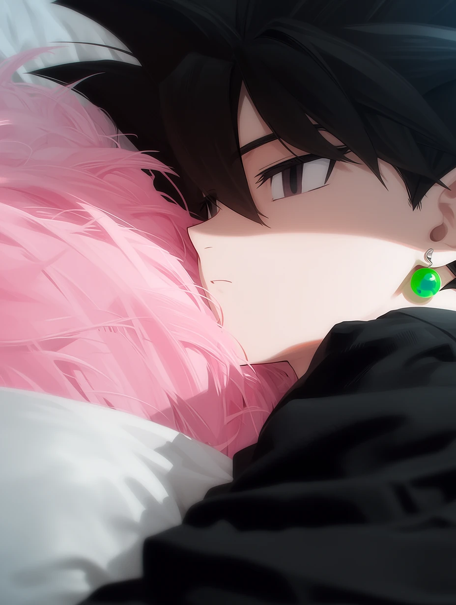 Black Goku from Dragon Ball Z, a man with black hair, emerald green Potara earring on the left ear, black irises eyes, lying on a bed, side-view shot, close-up, naturally looking at the camera, pink hair spread across the pillow, cold, lazy, and slightly contemptuous expression, clean and tidy bedroom background, best quality, best details, 8k, cel-shading, toon shading, Hyper-realistic, ray tracing, ultra-detailed textures and unreal engine 5 rendering --ar 3:4 --raw --profile 397ivfn --stylize 50 --niji 7
