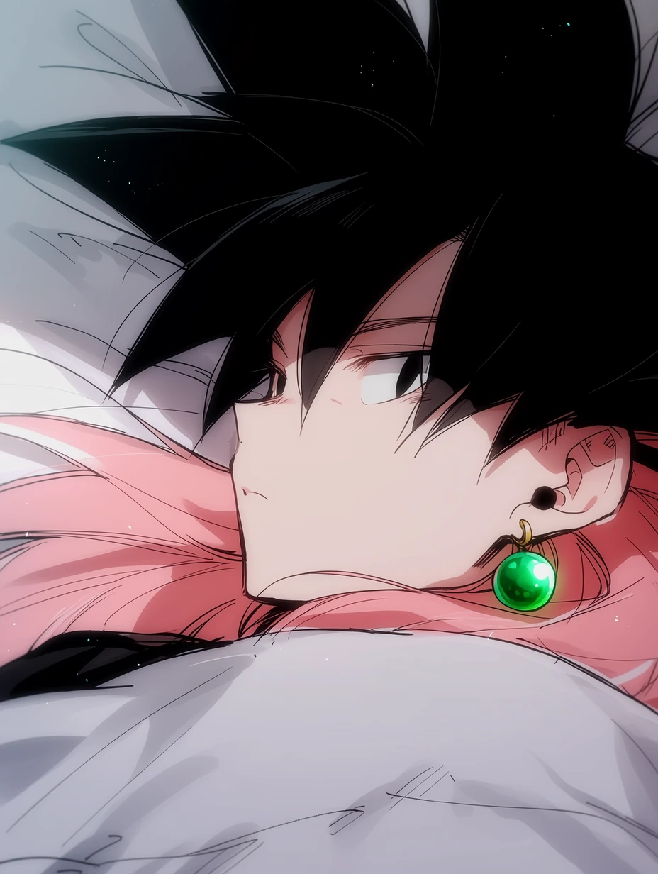 Black Goku from Dragon Ball Z, a man with black hair, emerald green Potara earring on the left ear, black irises eyes, lying on a bed, side-view shot, close-up, naturally looking at the camera, pink hair spread across the pillow, cold, lazy, and slightly contemptuous expression, clean and tidy bedroom background, best quality, best details, 8k, cel-shading, toon shading, Hyper-realistic, ray tracing, ultra-detailed textures and unreal engine 5 rendering --ar 3:4 --raw --profile 397ivfn --stylize 50 --niji 7