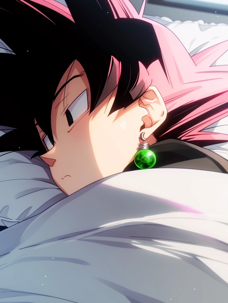 Black Goku from Dragon Ball Z, a man with black hair, emerald green Potara earring on the left ear, black irises eyes, lying on a bed, side-view shot, close-up, naturally looking at the camera, pink hair spread across the pillow, cold, lazy, and slightly contemptuous expression, clean and tidy bedroom background, best quality, best details, 8k, cel-shading, toon shading, Hyper-realistic, ray tracing, ultra-detailed textures and unreal engine 5 rendering --ar 3:4 --raw --profile 397ivfn --stylize 50 --niji 7