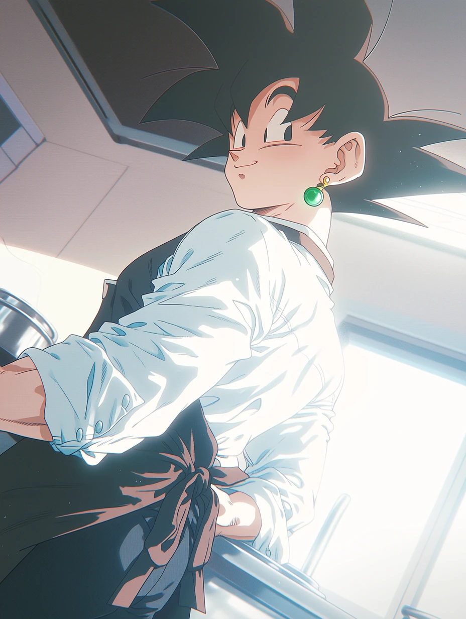 Black Goku from Dragon Ball Z, a man with black hair, emerald green Potara earring on the left ear, black irises eyes, standing in a kitchen, tying an apron, slightly lowering his head with the faintest smile at the corner of his lips, like a dangerous villain suddenly placed inside a gentle daily moment, upward diagonal camera angle, background with a simple bright Japanese kitchen, best quality, best details, 8k, cel-shading, toon shading, Hyper-realistic, ray tracing, ultra-detailed textures and unreal engine 5 rendering --ar 3:4 --raw --profile 397ivfn --stylize 50 --niji 7