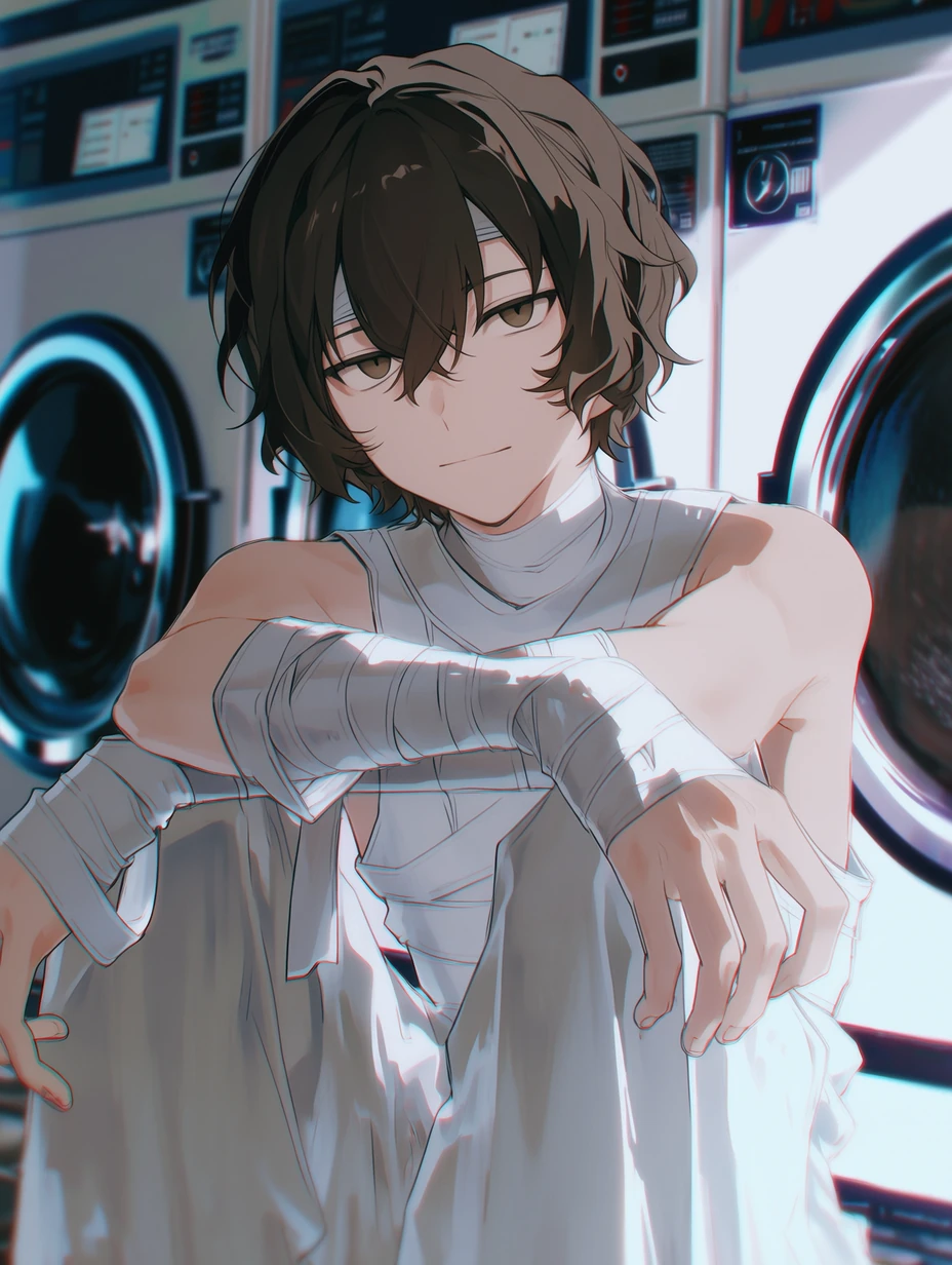 Osamu Dazai from Bungo Stray Dogs, a young man with short, slightly wavy dark brown hair, with bangs falling naturally around his face and a few strands hanging at the center of his forehead; narrow dark brown eyes and fair skin; distinct white bandages wrapped around his neck, forearms, and wrists, sitting in front of washing machines inside a late-night laundromat, one hand resting on his knee, the other bandaged hand hanging loosely, his expression lazy and quietly thoughtful, background with neat glowing machines and cool white lighting, close-up portrait, best quality, best details, 8k, cel-shading, toon shading, Hyper-realistic, ray tracing, ultra-detailed textures and unreal engine 5 rendering --ar 3:4 --raw --profile 397ivfn --stylize 50 --niji 7