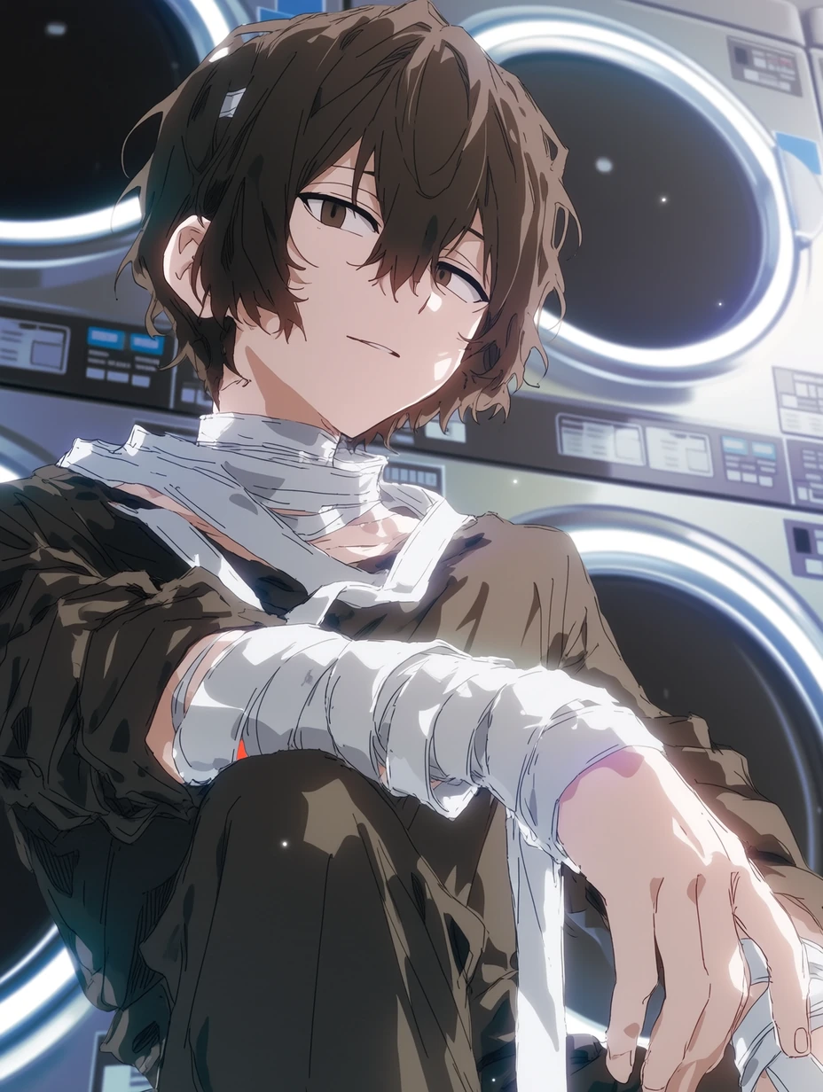 Osamu Dazai from Bungo Stray Dogs, a young man with short, slightly wavy dark brown hair, with bangs falling naturally around his face and a few strands hanging at the center of his forehead; narrow dark brown eyes and fair skin; distinct white bandages wrapped around his neck, forearms, and wrists, sitting in front of washing machines inside a late-night laundromat, one hand resting on his knee, the other bandaged hand hanging loosely, his expression lazy and quietly thoughtful, background with neat glowing machines and cool white lighting, close-up portrait, best quality, best details, 8k, cel-shading, toon shading, Hyper-realistic, ray tracing, ultra-detailed textures and unreal engine 5 rendering --ar 3:4 --raw --profile 397ivfn --stylize 50 --niji 7
