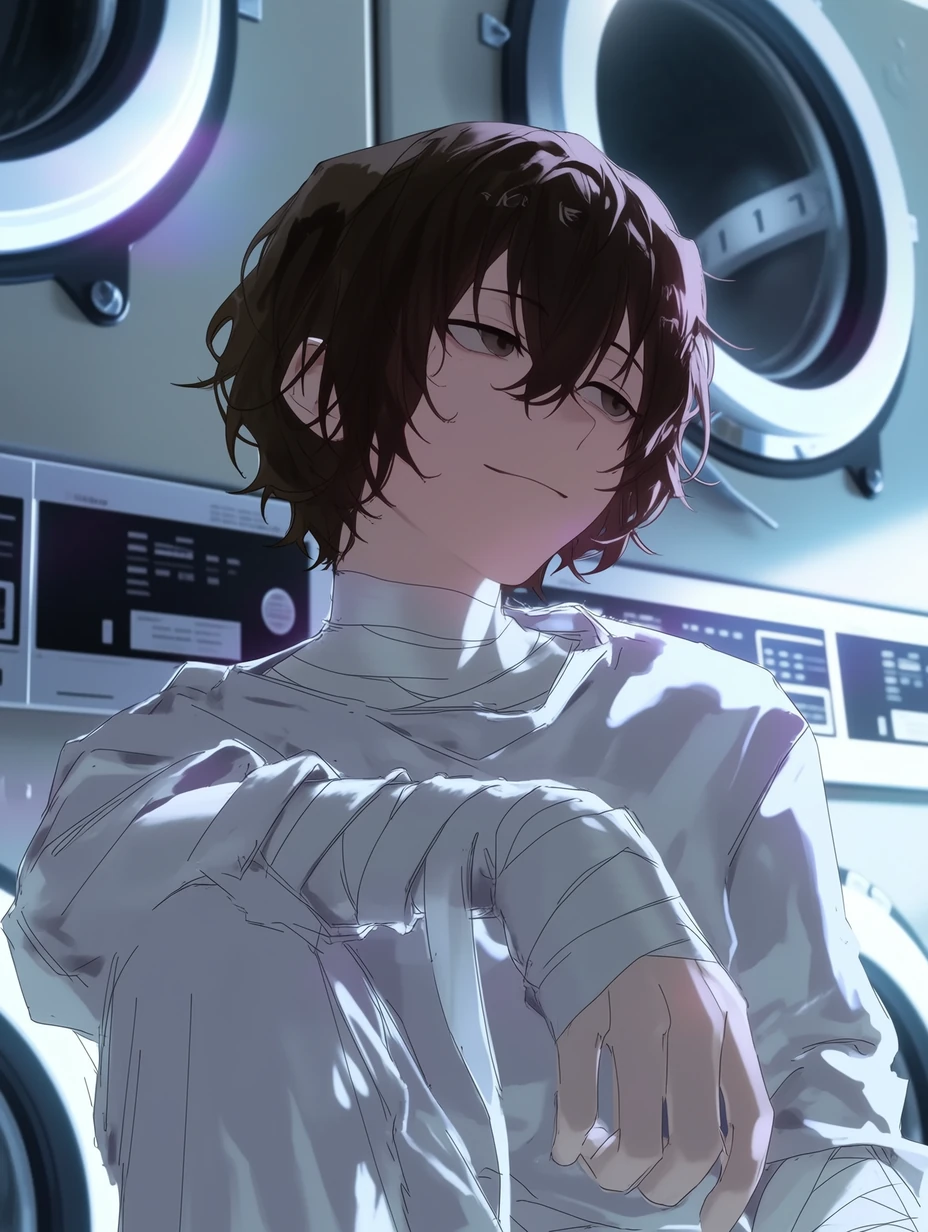 Osamu Dazai from Bungo Stray Dogs, a young man with short, slightly wavy dark brown hair, with bangs falling naturally around his face and a few strands hanging at the center of his forehead; narrow dark brown eyes and fair skin; distinct white bandages wrapped around his neck, forearms, and wrists, sitting in front of washing machines inside a late-night laundromat, one hand resting on his knee, the other bandaged hand hanging loosely, his expression lazy and quietly thoughtful, background with neat glowing machines and cool white lighting, close-up portrait, best quality, best details, 8k, cel-shading, toon shading, Hyper-realistic, ray tracing, ultra-detailed textures and unreal engine 5 rendering --ar 3:4 --raw --profile 397ivfn --stylize 50 --niji 7