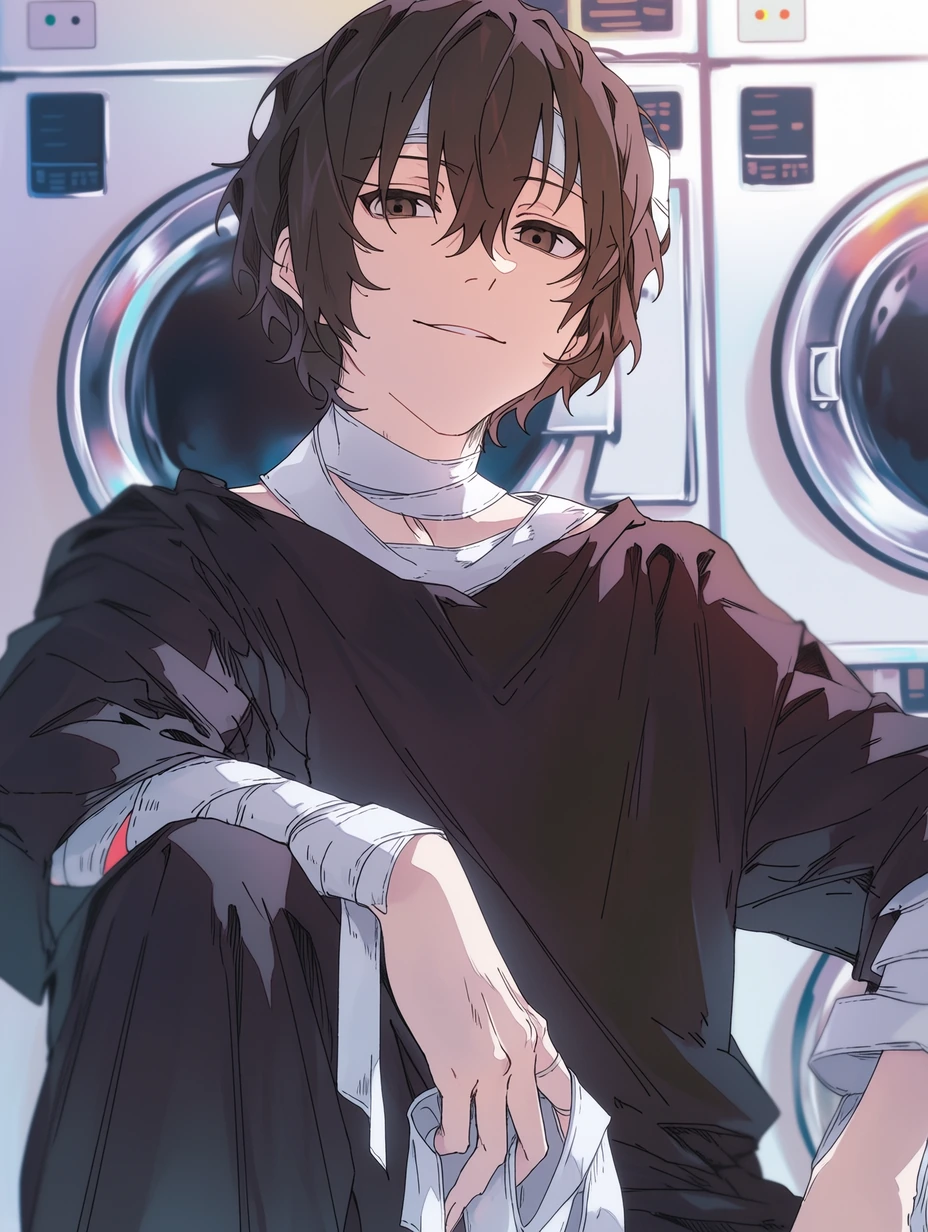 Osamu Dazai from Bungo Stray Dogs, a young man with short, slightly wavy dark brown hair, with bangs falling naturally around his face and a few strands hanging at the center of his forehead; narrow dark brown eyes and fair skin; distinct white bandages wrapped around his neck, forearms, and wrists, sitting in front of washing machines inside a late-night laundromat, one hand resting on his knee, the other bandaged hand hanging loosely, his expression lazy and quietly thoughtful, background with neat glowing machines and cool white lighting, close-up portrait, best quality, best details, 8k, cel-shading, toon shading, Hyper-realistic, ray tracing, ultra-detailed textures and unreal engine 5 rendering --ar 3:4 --raw --profile 397ivfn --stylize 50 --niji 7