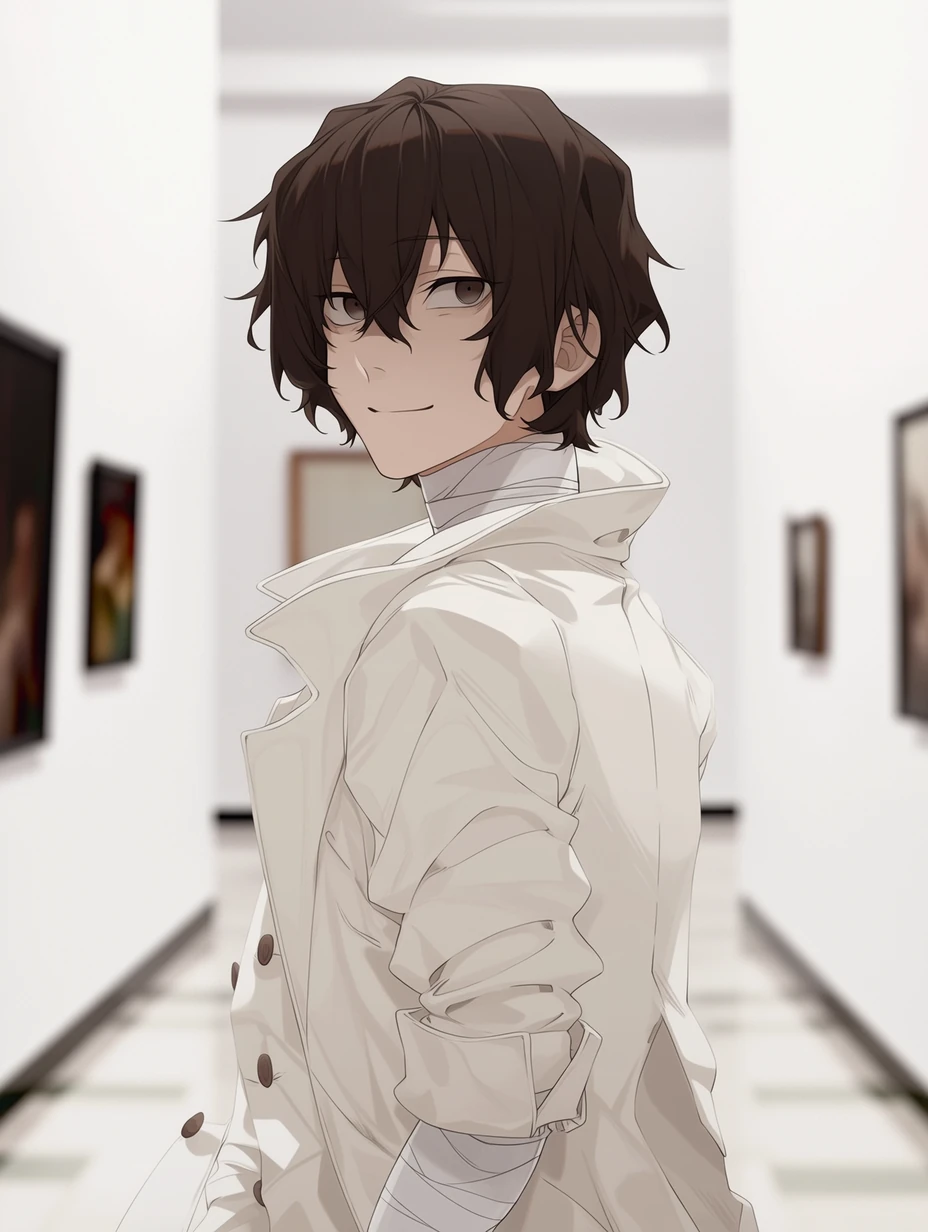 Osamu Dazai from Bungo Stray Dogs, a young man with short, slightly wavy dark brown hair, with bangs falling naturally around his face and a few strands hanging at the center of his forehead; narrow dark brown eyes and fair skin; distinct white bandages wrapped around his neck, forearms, and wrists, standing in a quiet spacious museum corridor, wearing a light trench coat, as if he suddenly paused mid-walk and turned back, a faint smile at the corner of his lips, intelligent and distant expression, background with minimalist white walls and blurred framed paintings, half-body close-up, best quality, best details, 8k, cel-shading, toon shading, Hyper-realistic, ray tracing, ultra-detailed textures and unreal engine 5 rendering --ar 3:4 --raw --profile 397ivfn --stylize 50 --niji 7