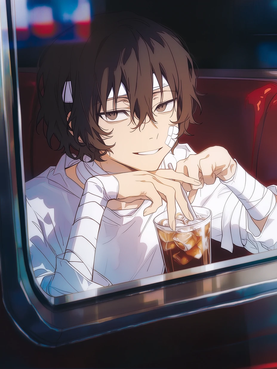 Osamu Dazai from Bungo Stray Dogs, a young man with short, slightly wavy dark brown hair, with bangs falling naturally around his face and a few strands hanging at the center of his forehead; narrow dark brown eyes and fair skin; distinct white bandages wrapped around his neck, forearms, and wrists, sitting in a window-side booth of a retro diner, lightly stirring the ice in his drink without looking at the camera, as if briefly drifting off while listening to someone speak, his expression relaxed, playful, and slightly dangerous, background with a dark red booth and blurred neon reflections, bust close-up, best quality, best details, 8k, cel-shading, toon shading, Hyper-realistic, ray tracing, ultra-detailed textures and unreal engine 5 rendering --ar 3:4 --raw --profile 397ivfn --stylize 50 --niji 7