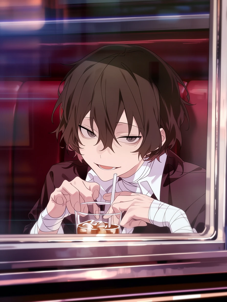 Osamu Dazai from Bungo Stray Dogs, a young man with short, slightly wavy dark brown hair, with bangs falling naturally around his face and a few strands hanging at the center of his forehead; narrow dark brown eyes and fair skin; distinct white bandages wrapped around his neck, forearms, and wrists, sitting in a window-side booth of a retro diner, lightly stirring the ice in his drink without looking at the camera, as if briefly drifting off while listening to someone speak, his expression relaxed, playful, and slightly dangerous, background with a dark red booth and blurred neon reflections, bust close-up, best quality, best details, 8k, cel-shading, toon shading, Hyper-realistic, ray tracing, ultra-detailed textures and unreal engine 5 rendering --ar 3:4 --raw --profile 397ivfn --stylize 50 --niji 7