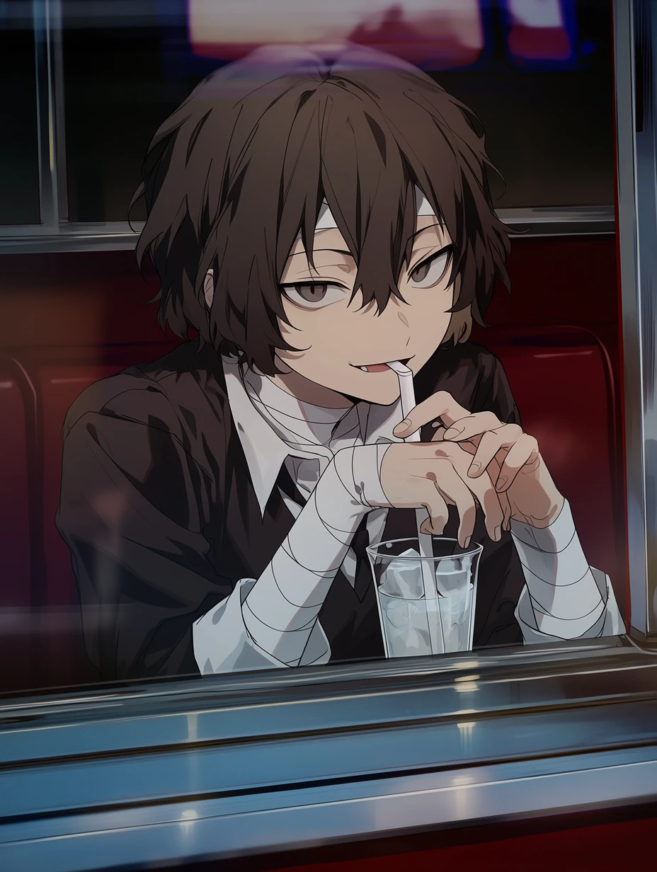 Osamu Dazai from Bungo Stray Dogs, a young man with short, slightly wavy dark brown hair, with bangs falling naturally around his face and a few strands hanging at the center of his forehead; narrow dark brown eyes and fair skin; distinct white bandages wrapped around his neck, forearms, and wrists, sitting in a window-side booth of a retro diner, lightly stirring the ice in his drink without looking at the camera, as if briefly drifting off while listening to someone speak, his expression relaxed, playful, and slightly dangerous, background with a dark red booth and blurred neon reflections, bust close-up, best quality, best details, 8k, cel-shading, toon shading, Hyper-realistic, ray tracing, ultra-detailed textures and unreal engine 5 rendering --ar 3:4 --raw --profile 397ivfn --stylize 50 --niji 7