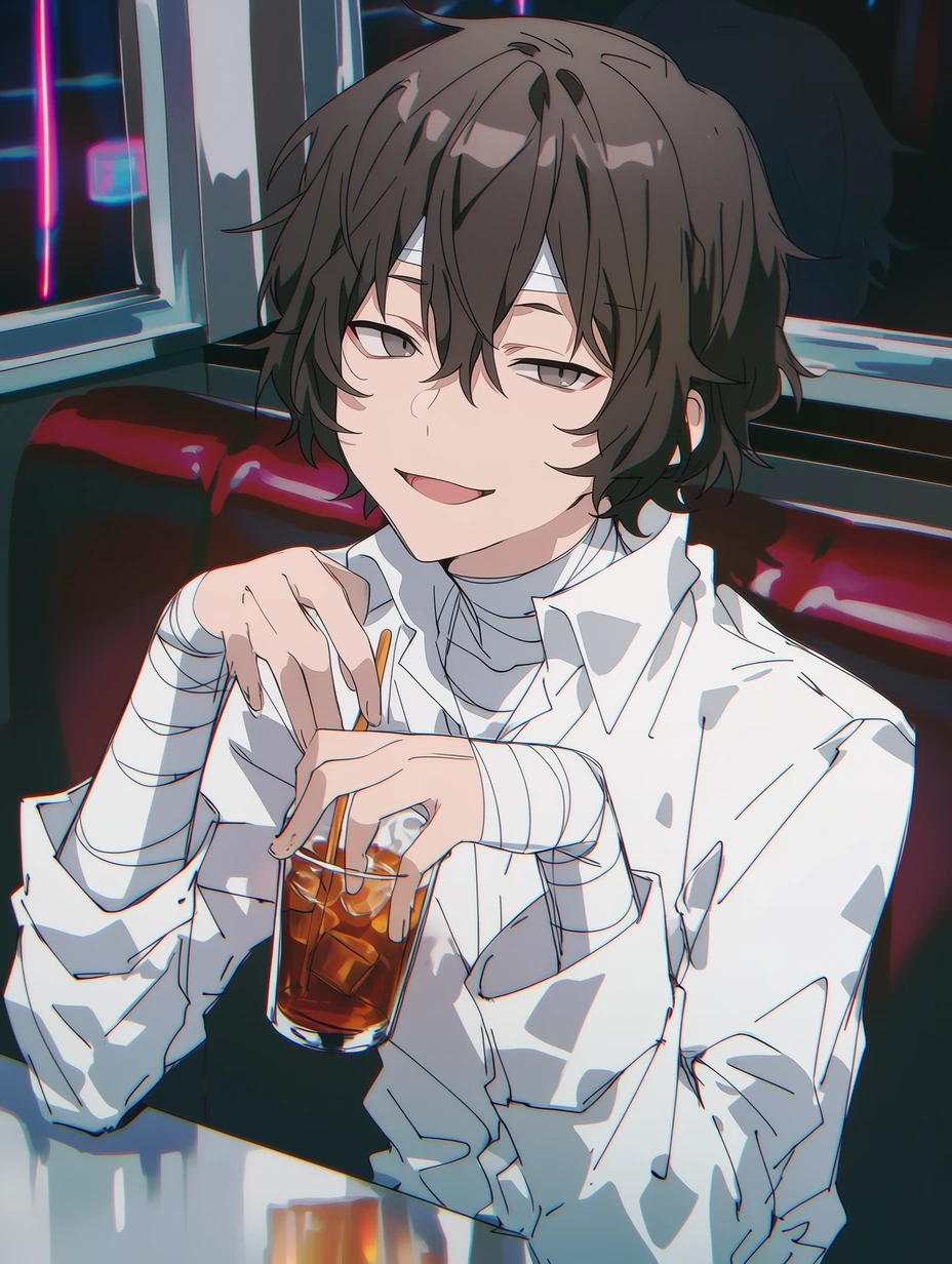 Osamu Dazai from Bungo Stray Dogs, a young man with short, slightly wavy dark brown hair, with bangs falling naturally around his face and a few strands hanging at the center of his forehead; narrow dark brown eyes and fair skin; distinct white bandages wrapped around his neck, forearms, and wrists, sitting in a window-side booth of a retro diner, lightly stirring the ice in his drink without looking at the camera, as if briefly drifting off while listening to someone speak, his expression relaxed, playful, and slightly dangerous, background with a dark red booth and blurred neon reflections, bust close-up, best quality, best details, 8k, cel-shading, toon shading, Hyper-realistic, ray tracing, ultra-detailed textures and unreal engine 5 rendering --ar 3:4 --raw --profile 397ivfn --stylize 50 --niji 7