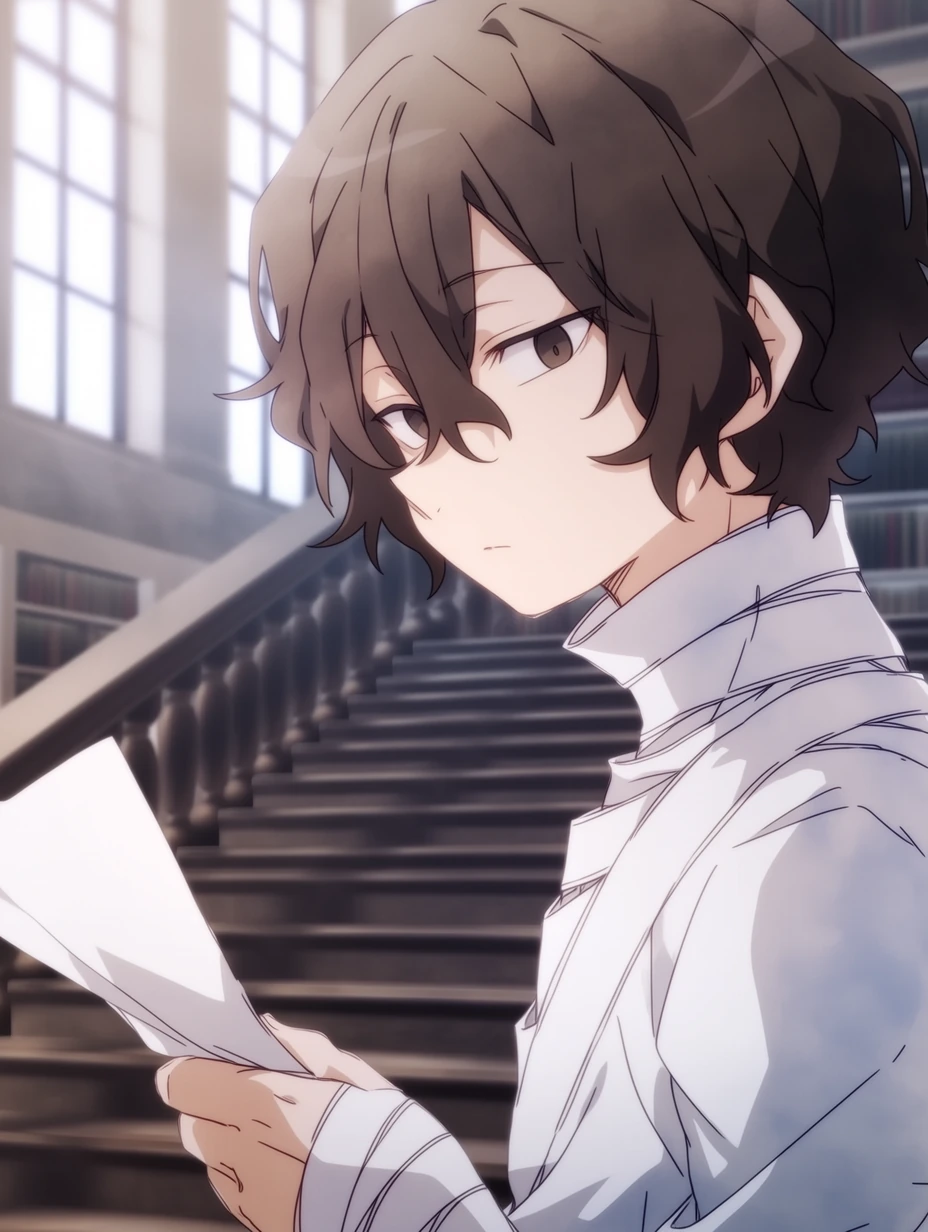 Osamu Dazai from Bungo Stray Dogs, a young man with short, slightly wavy dark brown hair, with bangs falling naturally around his face and a few strands hanging at the center of his forehead; narrow dark brown eyes and fair skin; distinct white bandages wrapped around his neck, forearms, and wrists, standing on a library stair landing, holding a folded sheet of paper, slightly lowering his gaze toward it, loose strands of hair falling over his forehead, his expression quiet and layered, as if he just finished reading something he would never say aloud, background with soft light from tall windows and blurred bookshelves, half-body close-up, best quality, best details, 8k, cel-shading, toon shading, Hyper-realistic, ray tracing, ultra-detailed textures and unreal engine 5 rendering --ar 3:4 --raw --profile 397ivfn --stylize 50 --niji 7