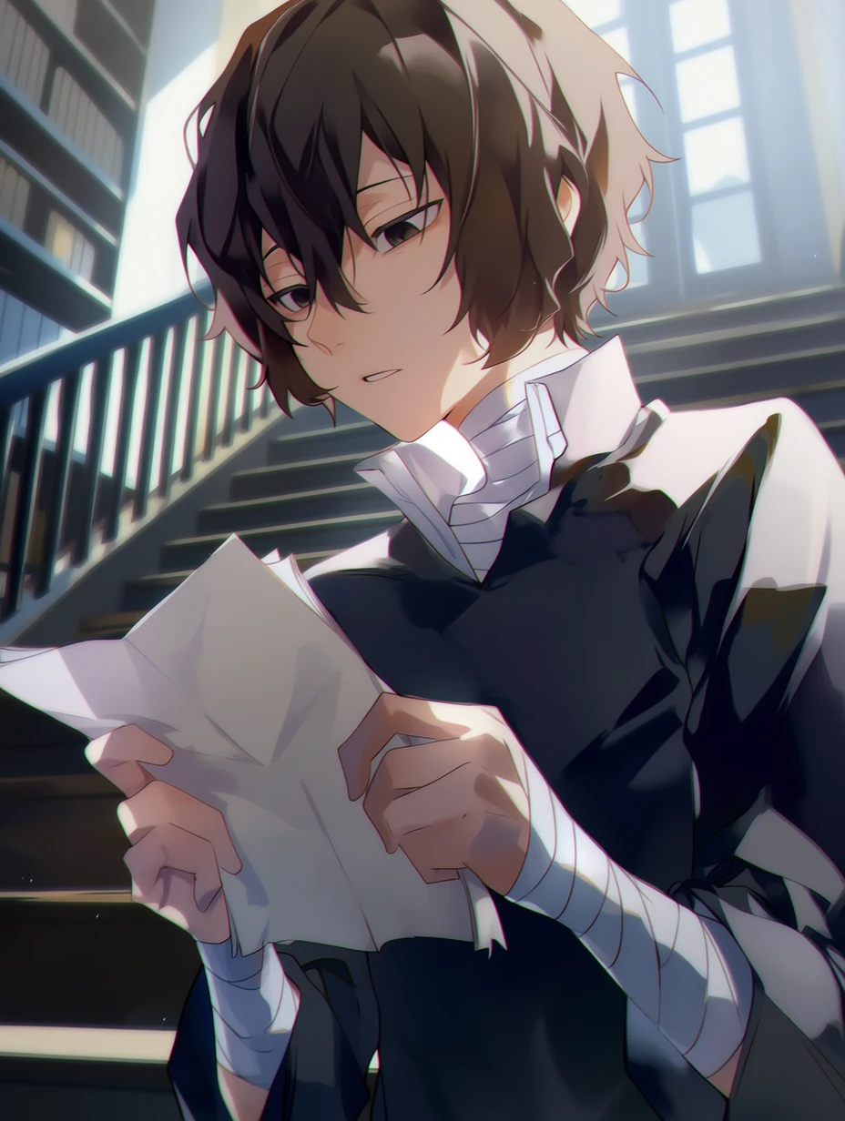 Osamu Dazai from Bungo Stray Dogs, a young man with short, slightly wavy dark brown hair, with bangs falling naturally around his face and a few strands hanging at the center of his forehead; narrow dark brown eyes and fair skin; distinct white bandages wrapped around his neck, forearms, and wrists, standing on a library stair landing, holding a folded sheet of paper, slightly lowering his gaze toward it, loose strands of hair falling over his forehead, his expression quiet and layered, as if he just finished reading something he would never say aloud, background with soft light from tall windows and blurred bookshelves, half-body close-up, best quality, best details, 8k, cel-shading, toon shading, Hyper-realistic, ray tracing, ultra-detailed textures and unreal engine 5 rendering --ar 3:4 --raw --profile 397ivfn --stylize 50 --niji 7