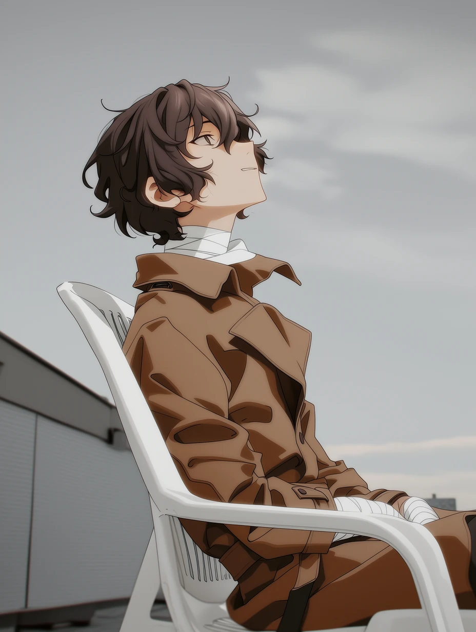 Osamu Dazai from Bungo Stray Dogs, a young man with short, slightly wavy dark brown hair, with bangs falling naturally around his face and a few strands hanging at the center of his forehead; narrow dark brown eyes and fair skin; distinct white bandages wrapped around his neck, forearms, and wrists, sitting on a white plastic chair on a city rooftop, the wind lifting his hair and the hem of his trench coat, tilting his head back toward the grayish sky with a tired yet free expression, as if finally becoming quiet at the end of the day, framed from head to thigh, background with a simple rooftop edge and wide open sky, best quality, best details, 8k, cel-shading, toon shading, Hyper-realistic, ray tracing, ultra-detailed textures and unreal engine 5 rendering --ar 3:4 --raw --profile 397ivfn --stylize 50 --niji 7