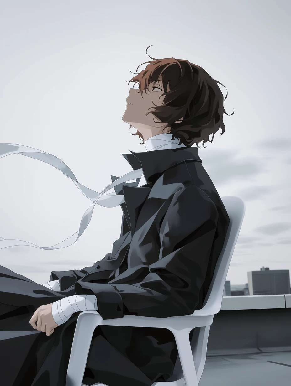 Osamu Dazai from Bungo Stray Dogs, a young man with short, slightly wavy dark brown hair, with bangs falling naturally around his face and a few strands hanging at the center of his forehead; narrow dark brown eyes and fair skin; distinct white bandages wrapped around his neck, forearms, and wrists, sitting on a white plastic chair on a city rooftop, the wind lifting his hair and the hem of his trench coat, tilting his head back toward the grayish sky with a tired yet free expression, as if finally becoming quiet at the end of the day, framed from head to thigh, background with a simple rooftop edge and wide open sky, best quality, best details, 8k, cel-shading, toon shading, Hyper-realistic, ray tracing, ultra-detailed textures and unreal engine 5 rendering --ar 3:4 --raw --profile 397ivfn --stylize 50 --niji 7