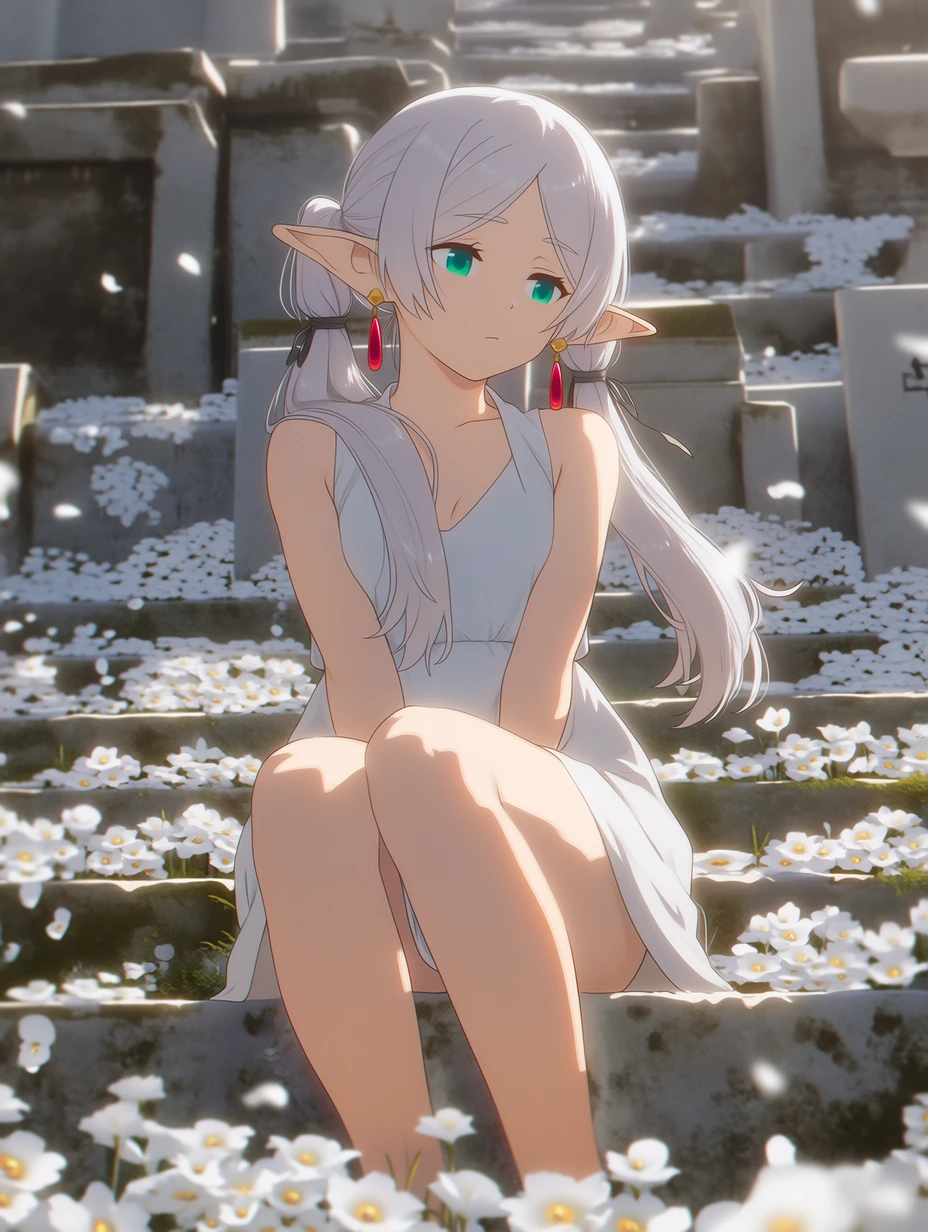 Frieren is sitting on the stone steps of a quiet graveyard filled with white flowers, with weathered gravestones and low stone walls behind her, the gentle afternoon light outlining her calm and reflective expression as petals drift slowly in the breeze, long pointed elf ears protruding from her hair; long silver-white hair parted in the middle and tied into two low twin-tails (pigtail) with black ribbons; large, emerald-green eyes with a detached and serene gaze; wearing distinctive large red teardrop earrings with gold caps, best quality, best details, 8k, cel-shading, toon shading, Hyper-realistic, ray tracing, ultra-detailed textures and unreal engine 5 rendering --ar 3:4 --raw --profile 397ivfn --stylize 50 --niji 7