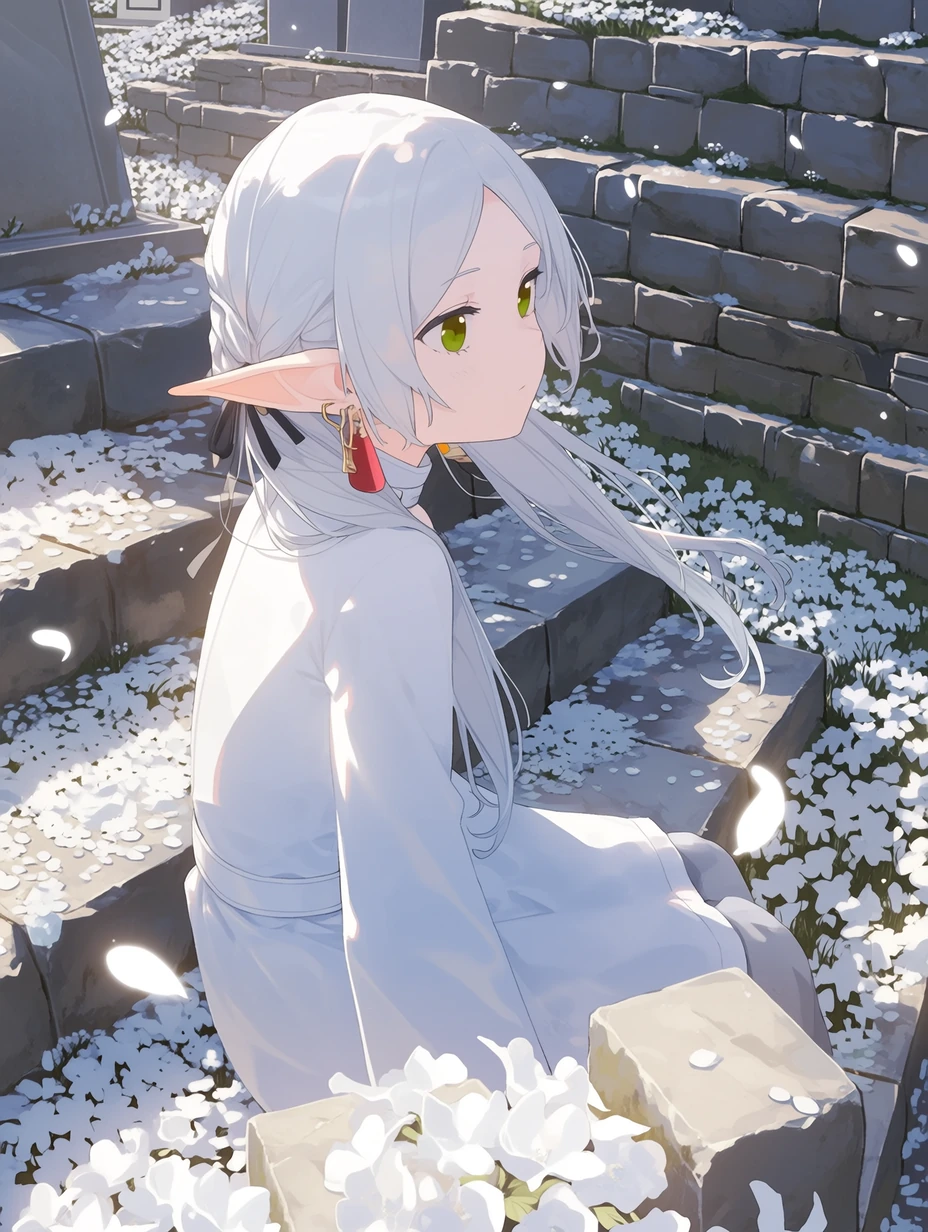 Frieren is sitting on the stone steps of a quiet graveyard filled with white flowers, with weathered gravestones and low stone walls behind her, the gentle afternoon light outlining her calm and reflective expression as petals drift slowly in the breeze, long pointed elf ears protruding from her hair; long silver-white hair parted in the middle and tied into two low twin-tails (pigtail) with black ribbons; large, emerald-green eyes with a detached and serene gaze; wearing distinctive large red teardrop earrings with gold caps, best quality, best details, 8k, cel-shading, toon shading, Hyper-realistic, ray tracing, ultra-detailed textures and unreal engine 5 rendering --ar 3:4 --raw --profile 397ivfn --stylize 50 --niji 7