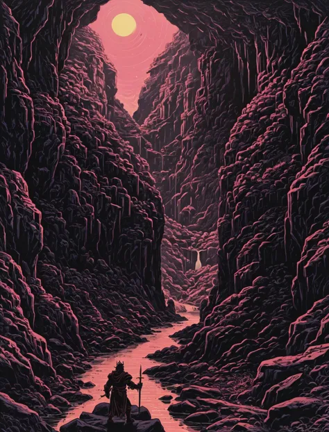 Black and white lines, style apollonia saintclair, vector illustration of dark fantasy scene with a king, goblin's gorge, black lines creating a captivating visual effect with its mesmerizing and optical design, amethyst vs raspberry theme concept<lora:Wizards_Vintage_Golden_Age_Illustrations-000008.safetensors:1>