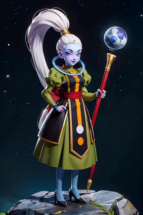 vados, blue skin, white hair, ponytail, purple eyes, blue skin, purple lipstick, dress, puffy sleeves, sash, heels, looking at viewer, smiling, full body shot,holding a staff, standing, outside, space, on asteroid, high quality, masterpiece,  <lora:ANIME_DragonBallSuper_Vados_ownwaifu:.8>