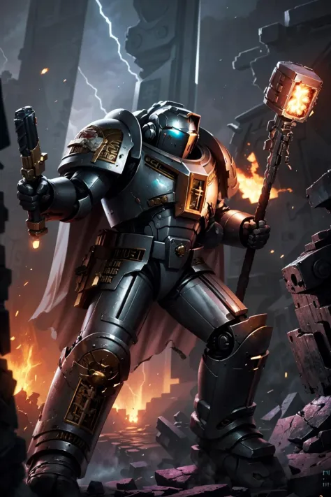 sci-fi, ultra detailed, high contrast, cinematic, atmospheric, tense, shadows, eerie, (scifi fantasy art), (comic style:1.35), (illustration), cowboy shot, action,  
gk, terminator armor, full metal armor, wearing intricate ornamented metal armor, 
solo, 
epic, full metal armor, silver armor, bronze trimmings, tall stature, glowing eyes, helmet, cape, pelvic curtain, banner, 
dual wielding, holding shield, holding hammer, arm cannon, pointing arm cannon, firing, shell casing, hail of bullets,  
multiple boys, 
desolate landscape, a ruined city looming in the distance. exploding spaceship, tumbling from sky, falling debris, meteor fall background, particles floating, cloudy ash sky, grim, dark lighting, light from fiery explosion, heavy shadows, 
<lora:Grey Knights MK1 by CARAXES:0.85> <lyco:cosmetic - UnlimitedBladeWorks1.6:0.5>