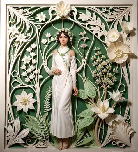 Kirigami representation of Art Nouveau painting of a female botanist surrounded by exotic plants in a greenhouse . 3D, paper folding, paper cutting, Japanese, intricate, symmetrical, precision, clean lines